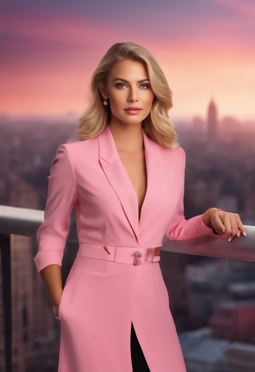 professional, (4k photo:1.1), high detail, wearing pink business clothes, beautiful detailed face, hazel eyes, not too long blonde hair, body shape, city view