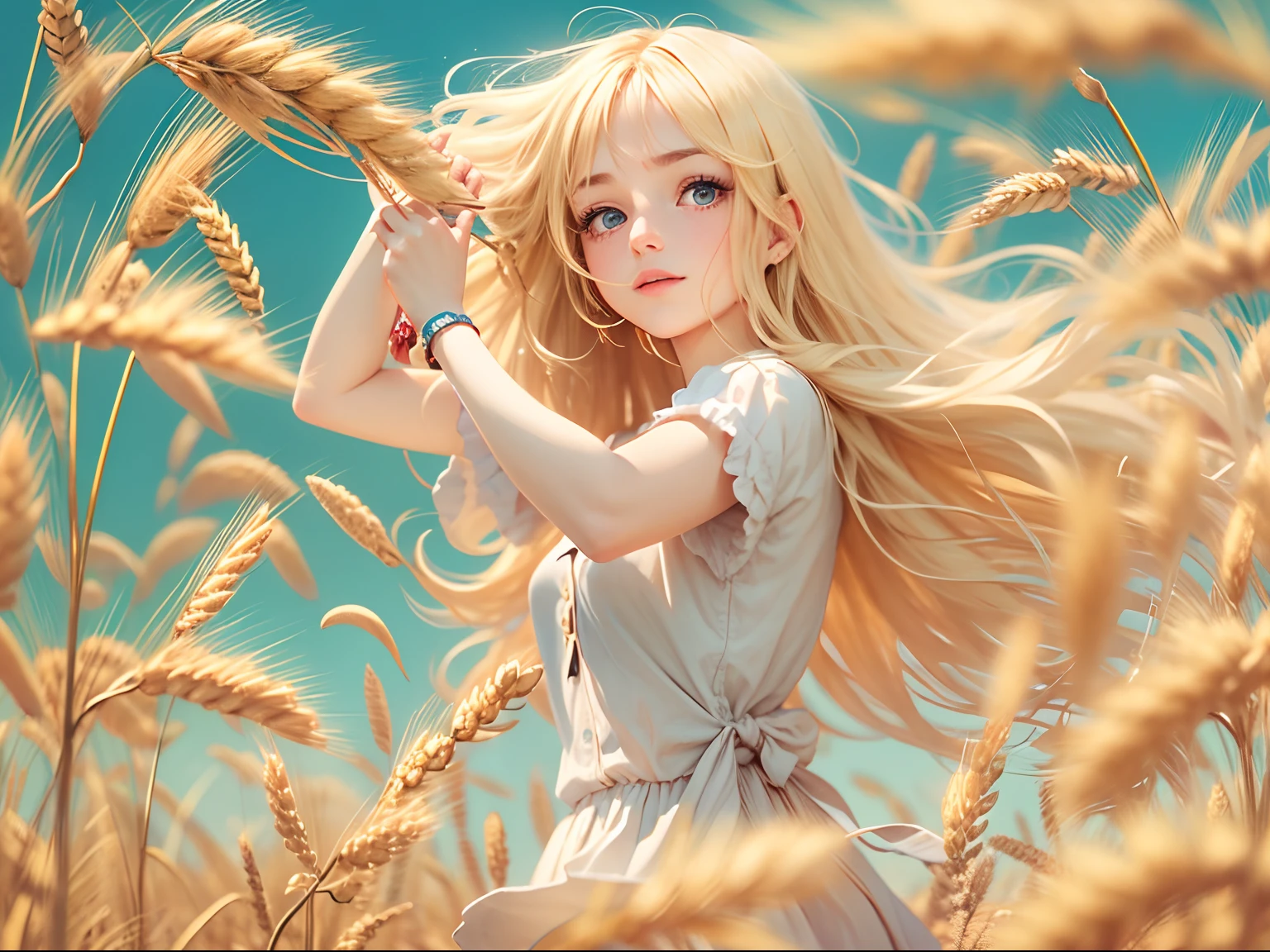 jeune, Moving away, surrounded by wheat fields, looking back, sun light, smiling, posing with a peace sign