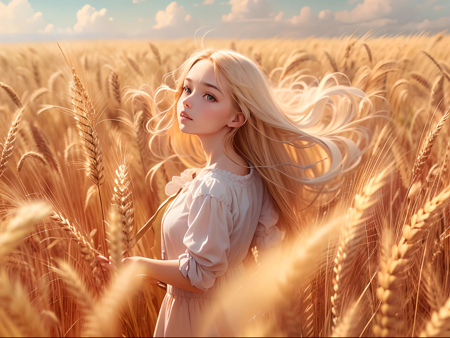 A girl, In a golden wheat field, Long blonde hair fluttering, blue-sky, k hd.