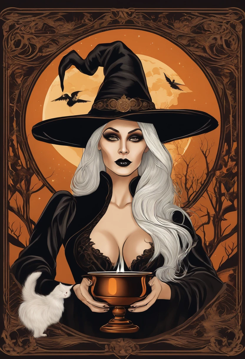 Halloween poster with a tattooed witch with Art Nouveau features, Wearing traditional black witch dress and witch hat with white hair, In Ihrem detailgetreuen Hexenzimmer, With spellbooks on a wooden table, Shaking a cauldron, Exhale smoke and summon spells, Mit deiner schwarzen Katze neben dir, die zuschaut, Vor der Kulisse einer Fantasienacht mit Vollmond und Blick aus dem Schlafzimmerfenster