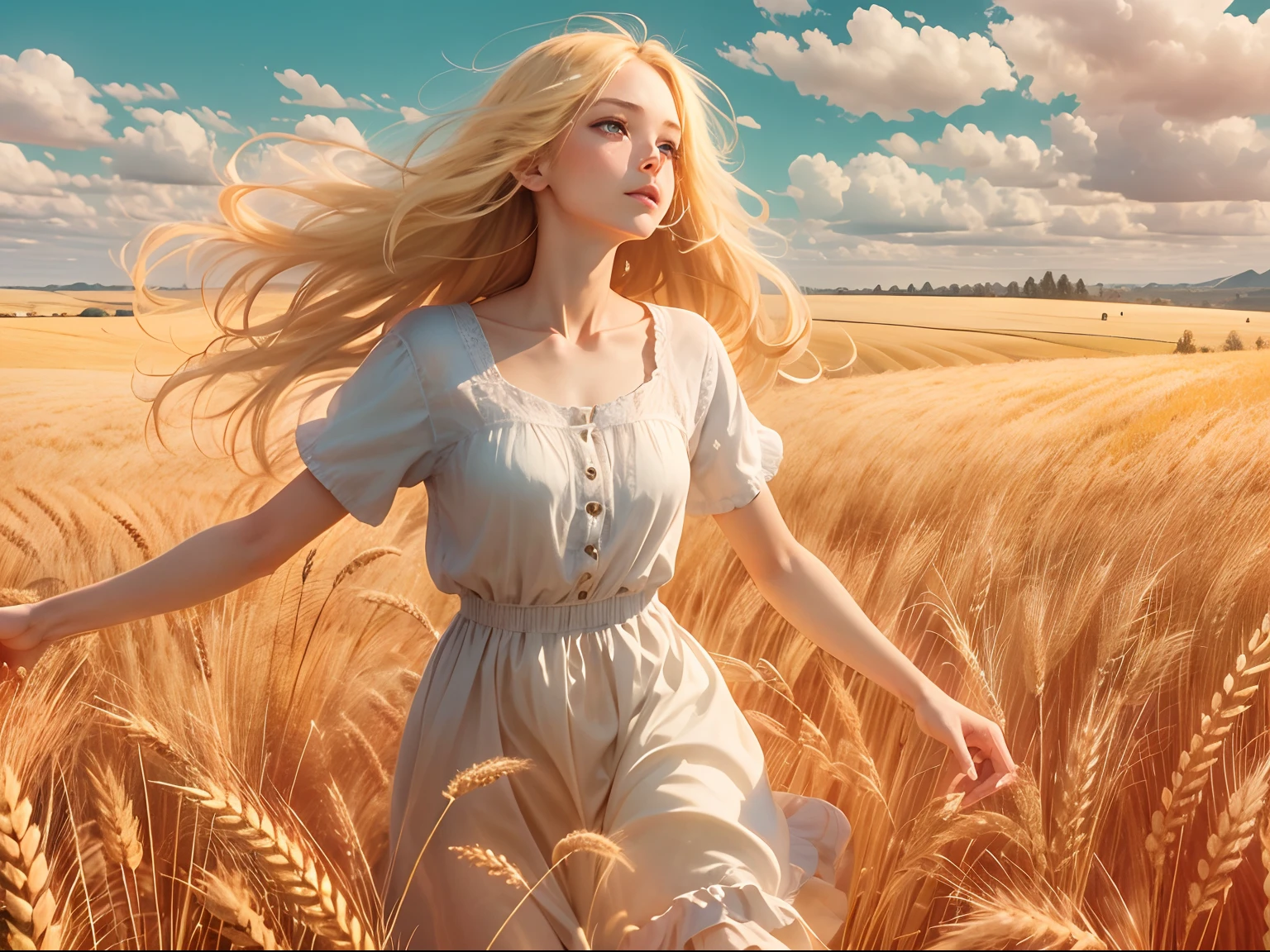 A girl, In a golden wheat field, Long blonde hair fluttering, blue-sky, k hd.