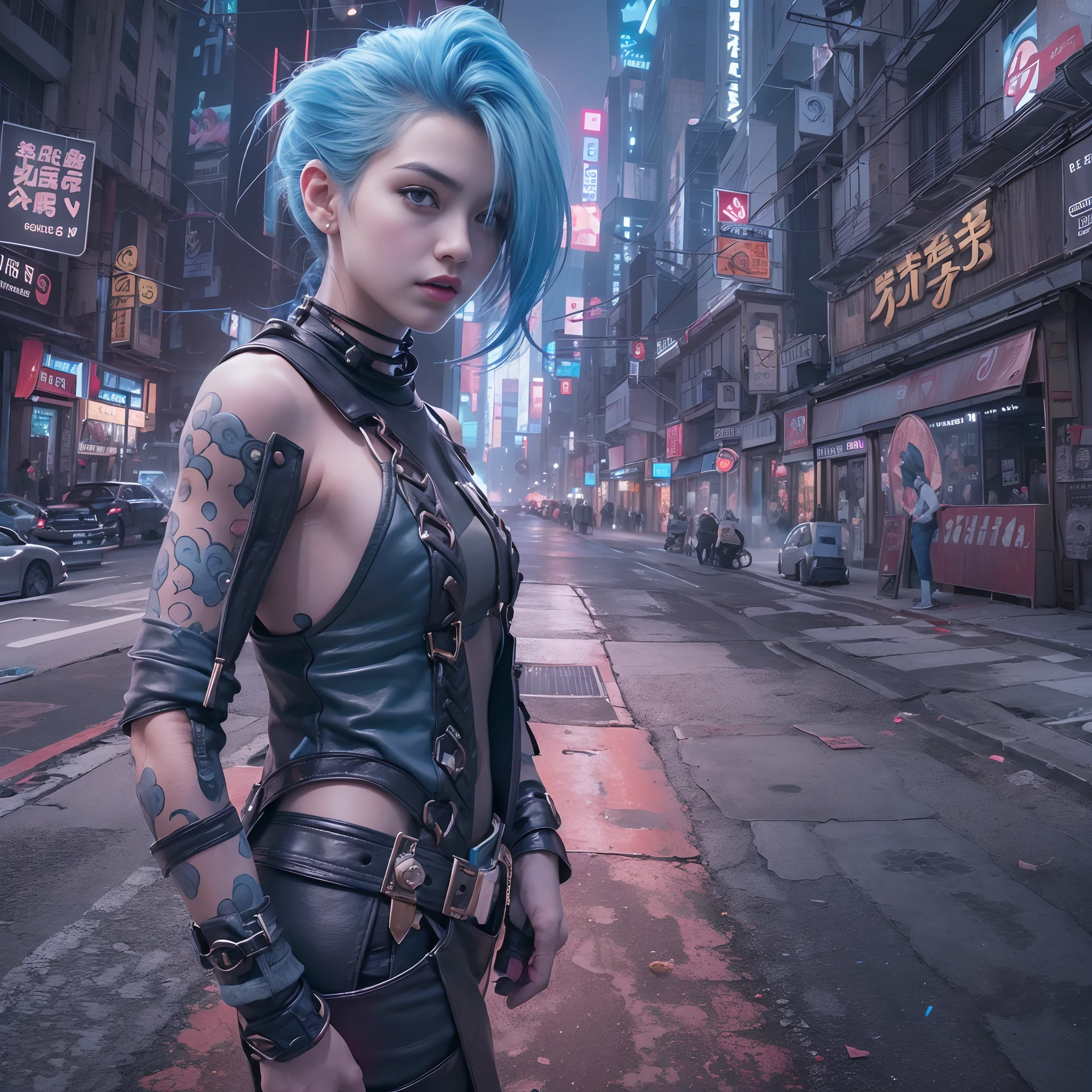 ((Jinx), (fisheyelens), Athletic charm pose , Blue hair, with brown eye, jaqueta de couro, Side lighting, best qualtiy, A high resolution, sportrait , 50 mm, full framing, 4K 分辨率, Cowboy shot, Wind,, cyberpunk city landscape, (Aesthetics and atmosphere:1.2) ,wide wide shot,Masterpiece: Epic urban deep road matrix equirectangular projection_