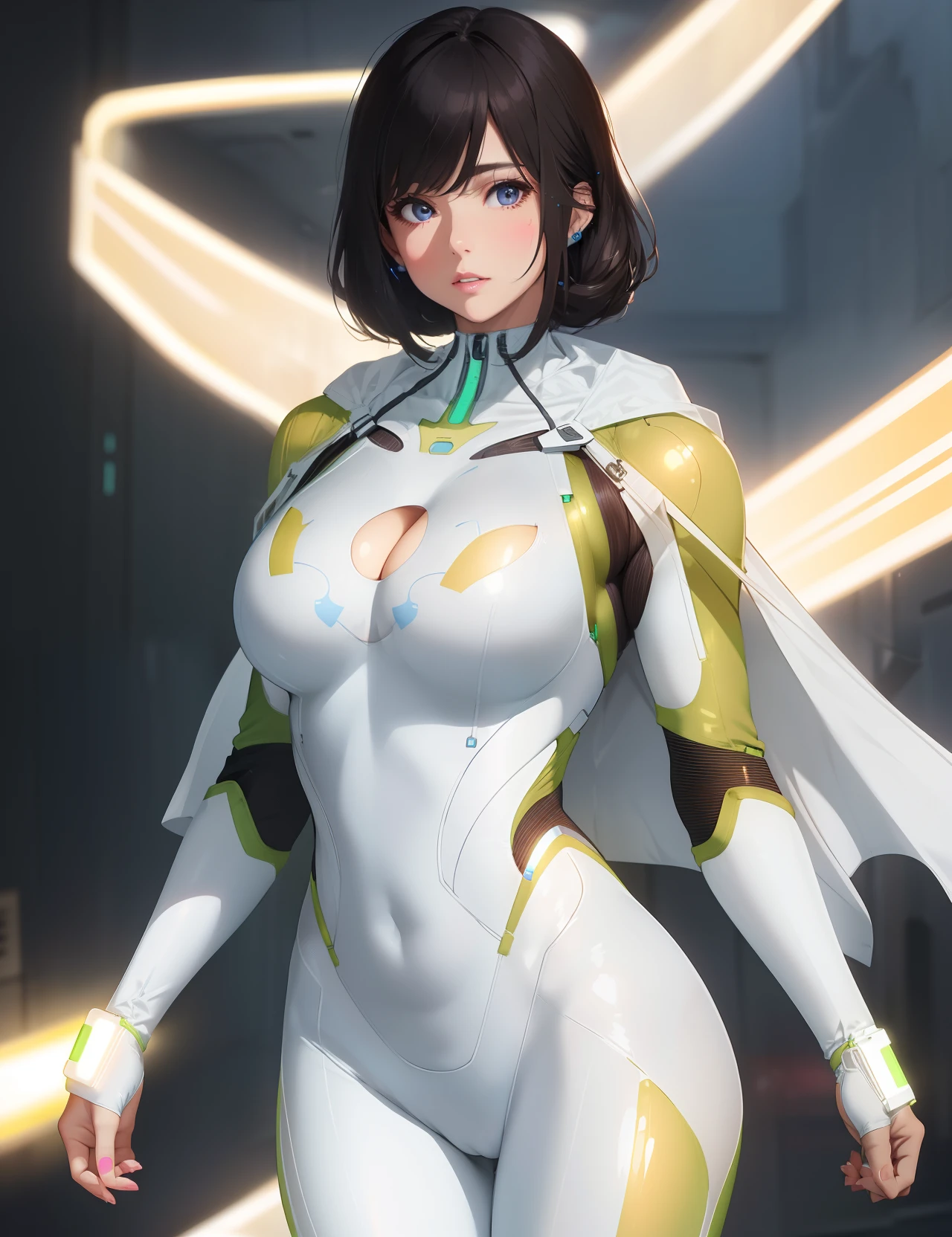 Realistic and intricate perfect beauty face, cleavage cutout, Big up to the waist (((Slim Beauty Shape))), ((in neon realistic sci-fi plug-suit outfit)), Masterpiece, 4K, UHD