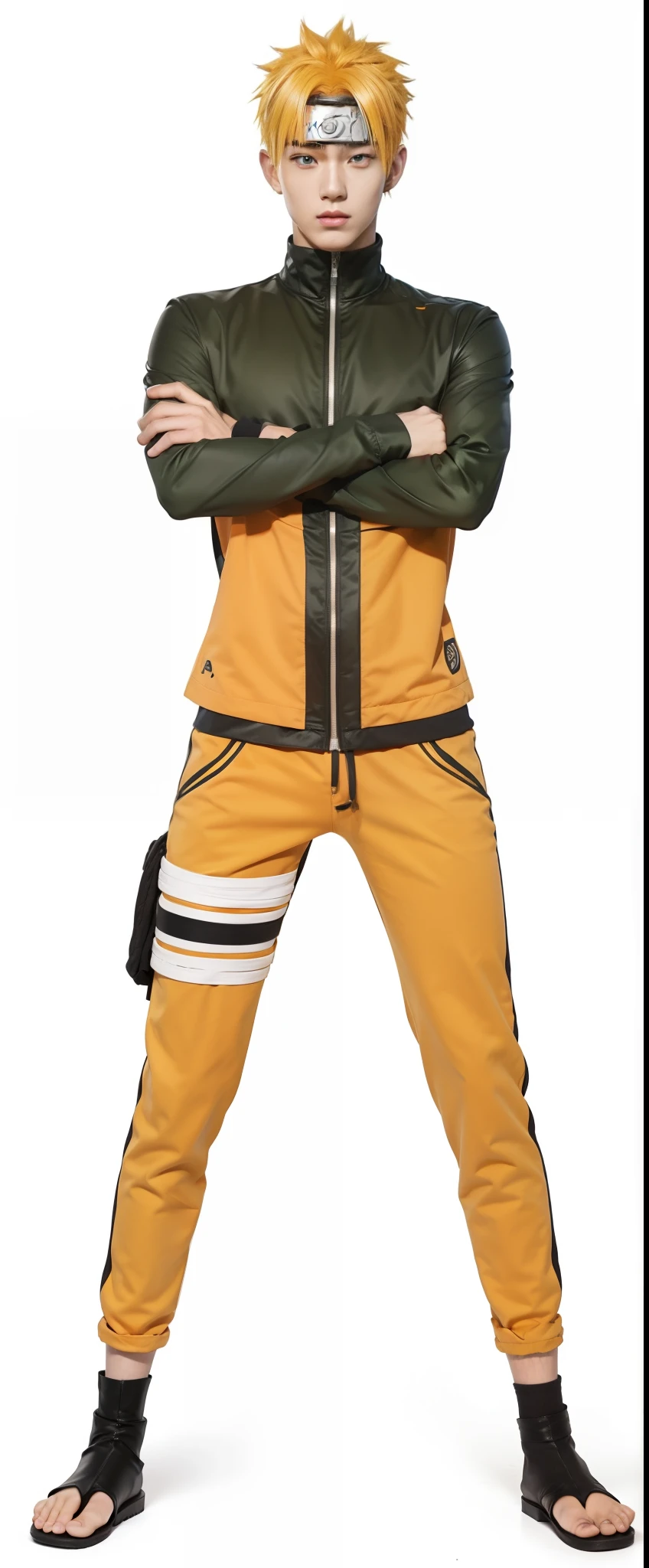 Real life adaption of this character,his name is Naruto Uzumski from anime Naruto,teen handsome face, realistic yellow hair,realistic orange with black outfit , realistic light,realistic shadow,realistic background,(photorealistic:1.2)