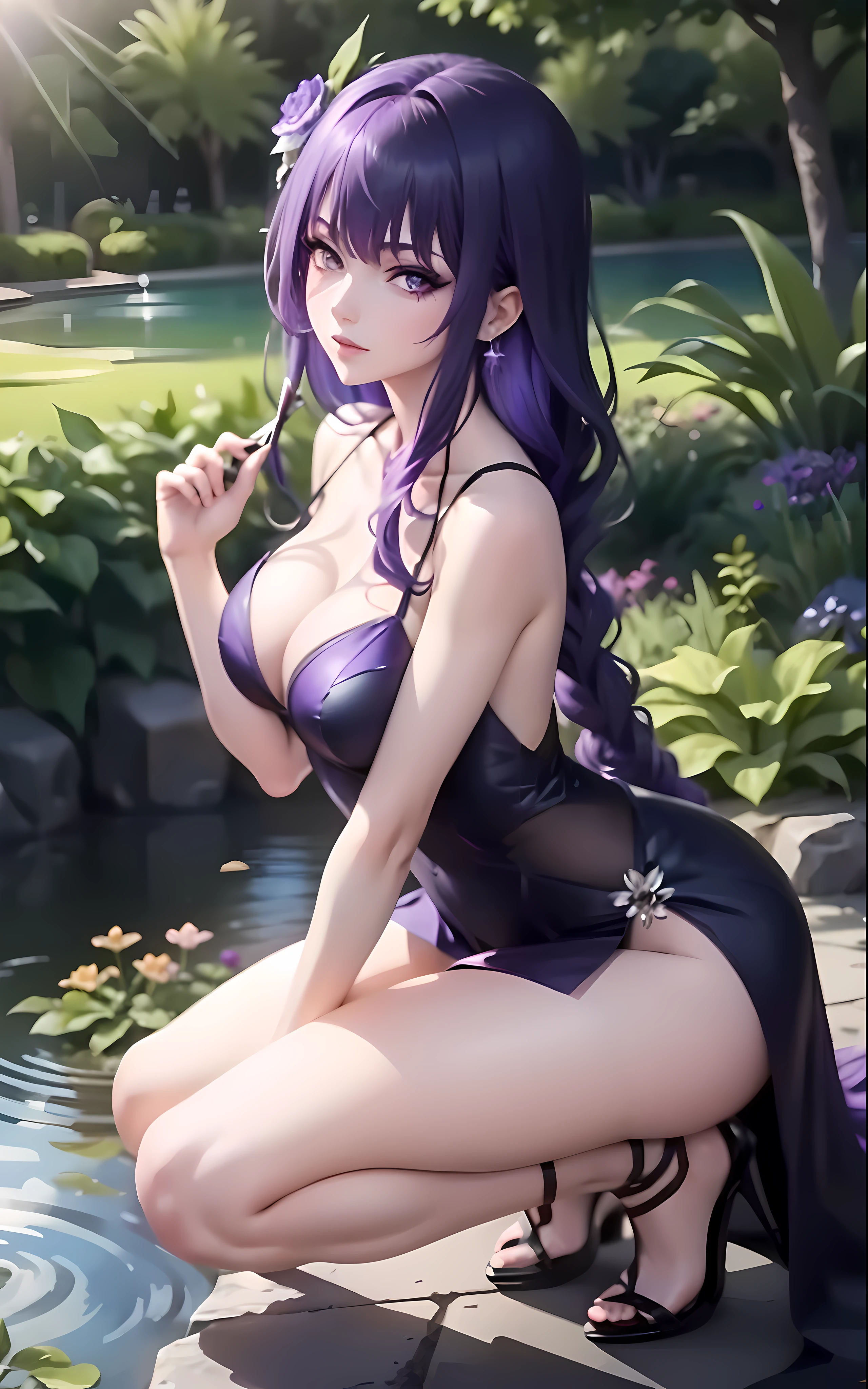 Purple hair, purple eyes, black stiletto heels, purple formal dress