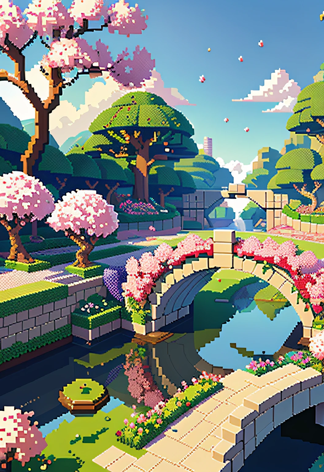 a pixel art representation of a peaceful garden with a stone bridge. Use precise pixel placement to construct the bridge and create pixelated cherry blossoms in various stages of bloom. The controlled, blocky aesthetic should bring a unique charm to the scene