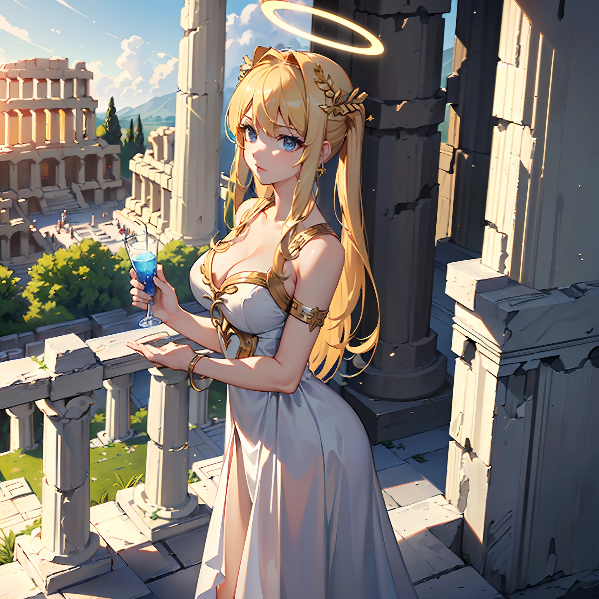 (8K, Best quality, tmasterpiece:1.2),\(eye detailed\),\(Facial features\),(\(Clothes detail details\)\),(Medium breasts),full bodyesbian,(Facial focus) ,Very detailed CG unity 8K wallpaper,hugefilesize,ultra - detailed,A high resolution,absurderes,beautidful eyes,Ray traching,finely detailled,Dramatic angles,Hyper-detailing,(1 girl:1.3),(Solo),Shoulder-length hair,high detailed pupils,(A halo hanging overhead:1.3)+(//There is a pair of wings on the back，The shape of the wings resembles the wings of a swan：1.3//),(Greek costume design style dress：1.4),(atheletic body:1.2),(Drink water in your hands:1.2)+(In heaven，There is a magnificent ancient Greek temple:1.3)+[(Inception:1.2)]