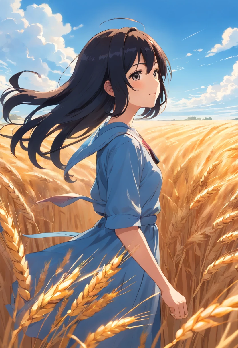 A girl, In a golden wheat field, Long black hair flying, blue-sky, k hd.