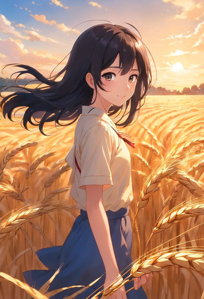 A girl, In a golden wheat field, Long black hair flying, blue-sky, k hd.
