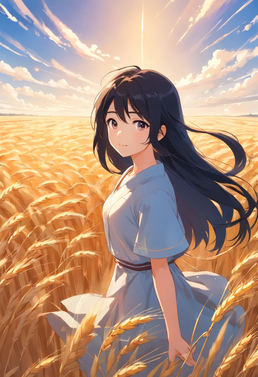 A girl, In a golden wheat field, Long black hair flying, blue-sky, k hd.