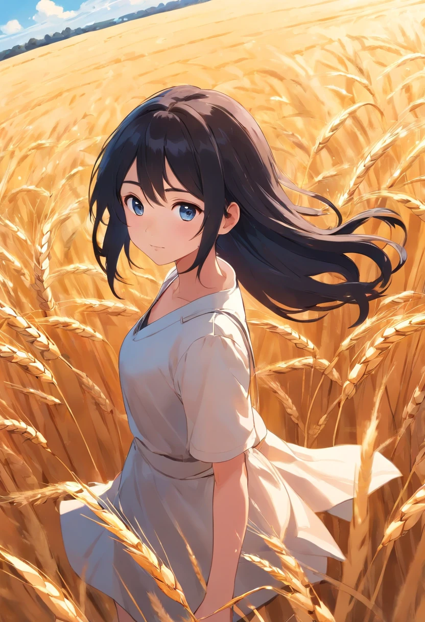 A girl, In a golden wheat field, Long black hair flying, blue-sky, k hd.