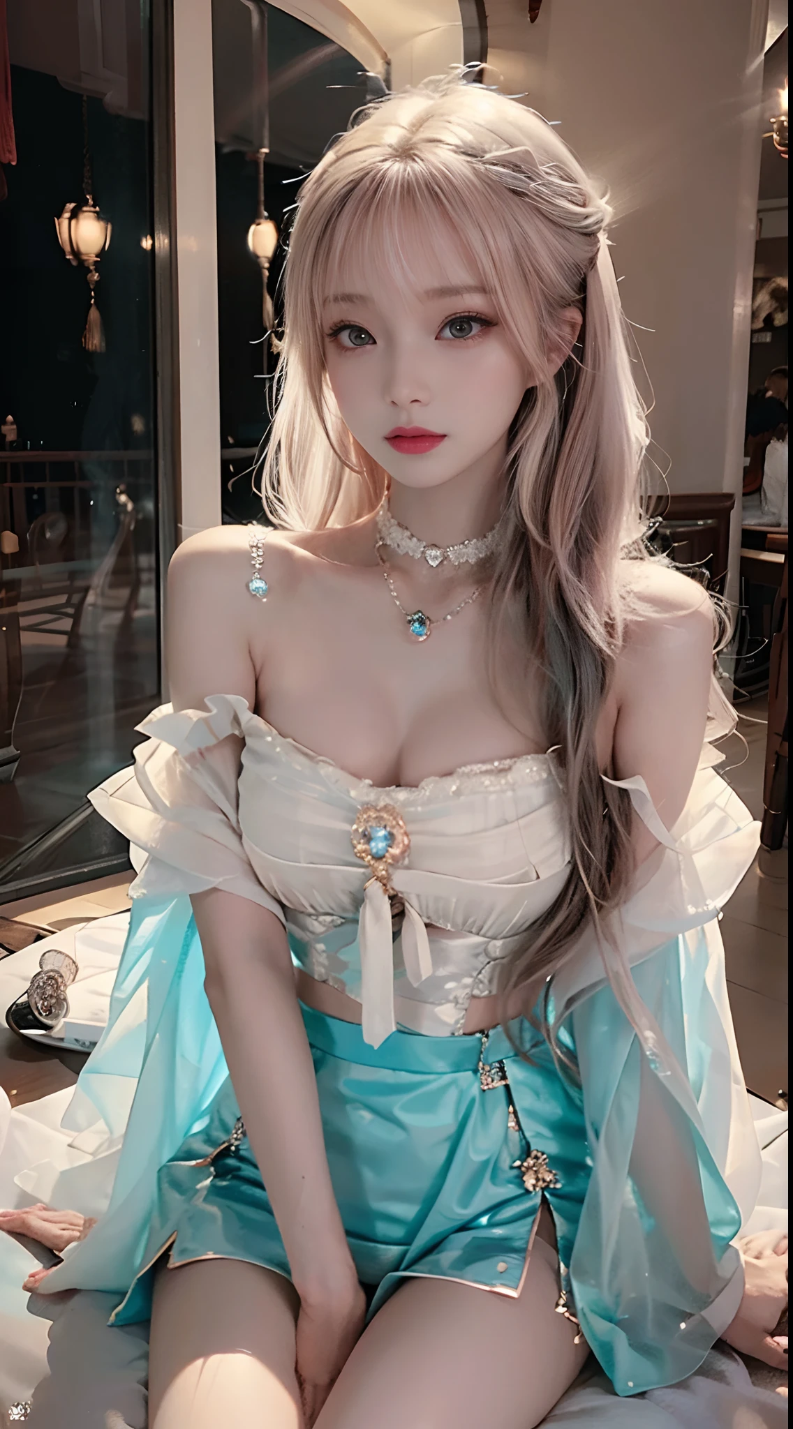 Best quality, Masterpiece, A high resolution, 1girll,Blush,(Seductive smile:0.8),Star-shaped pupils,China Hanfu,hair adornments,necklace, jewelry,Beautiful face,slim toned body,pretty legs,after sexing_Body, Tyndall effect,Photorealistic, Dark Studio, rim lit, twotonelighting,(highdetailskin:1.2), 8K, Ultra HD, Digital SLR, Soft lighting, High quality, voluminetric lighting, candid, photographed, high resolution, 4K, 8K, Bokeh