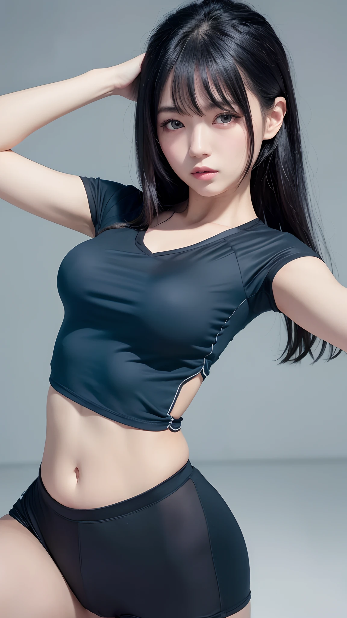 realistic, 1girl, black medium size hair, purple eyes, glowing eyes, gray wet tank top, red length 20inch length shorts, parted lips, blush, night, flowers, sun, sunlight,wet skin,