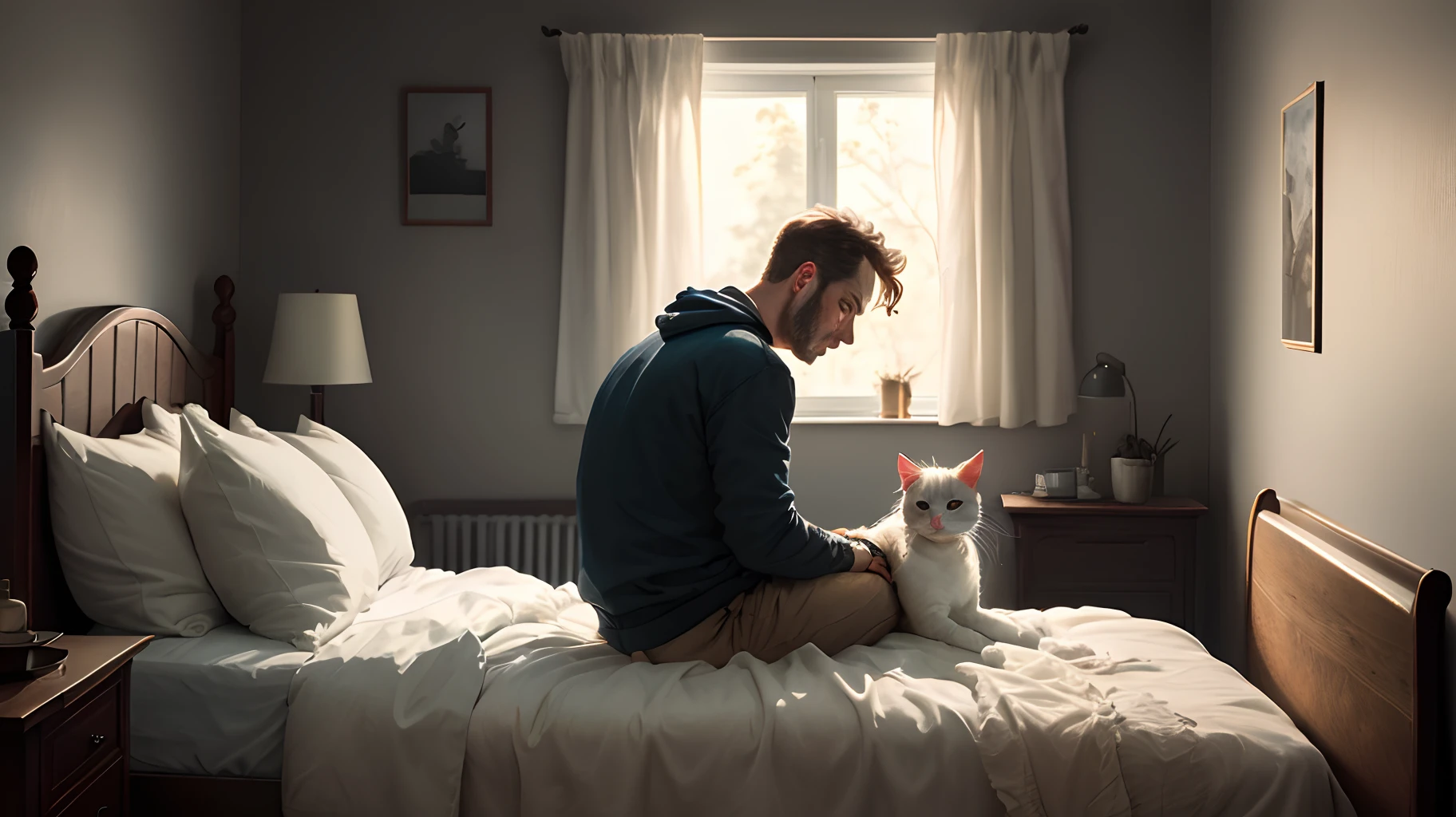 realistic man sitting over his bed with his cat, in a dark bedroom for an horror story