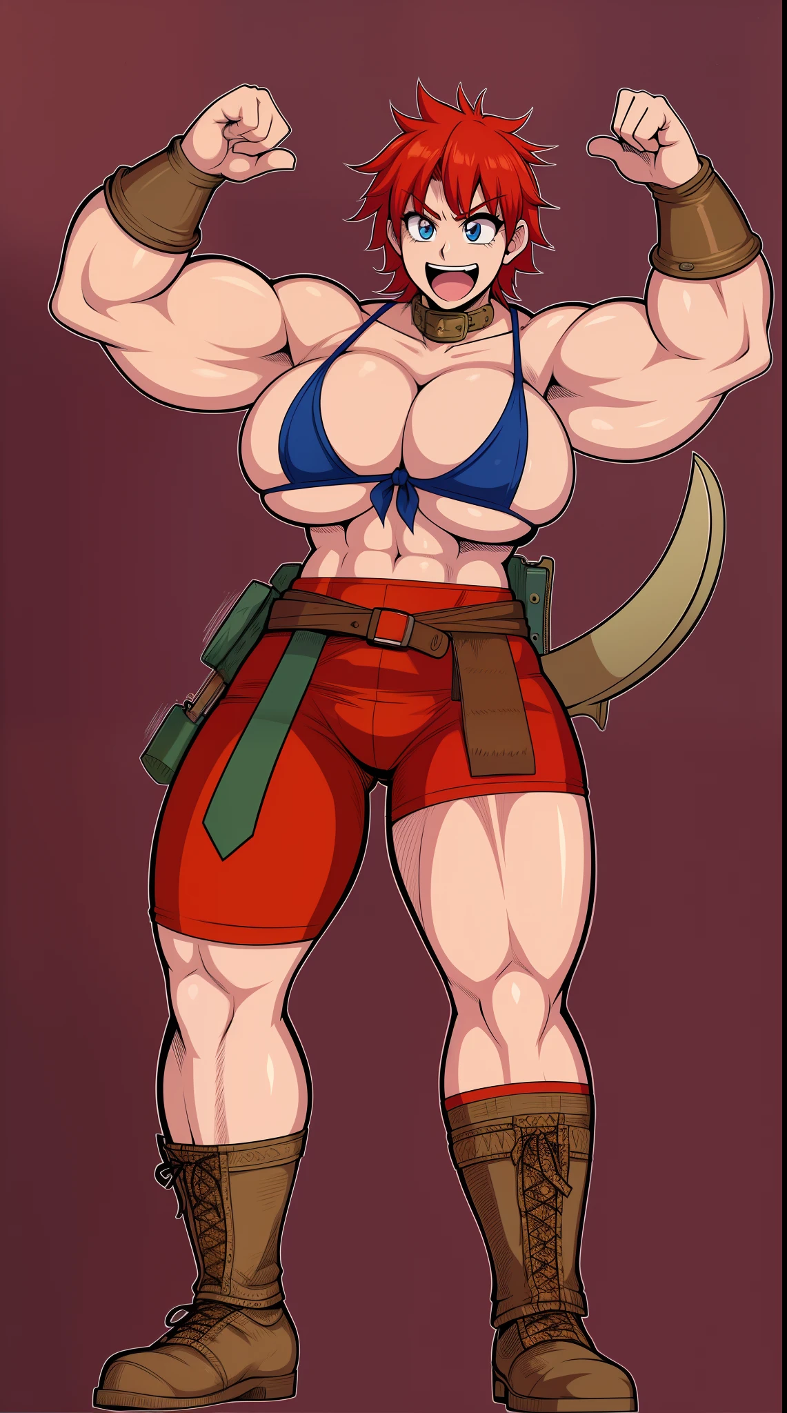 tomboy, warrior, berserker, tall female, muscular female, living hair, sauvage,, medieval clothing, fantasy, fantasy weapon, huge breasts, barbarian pants, bikini under clothes, combat boots, bikini armor, red hair, crazy smile, open mouth, biceps, necktie, thick arms,