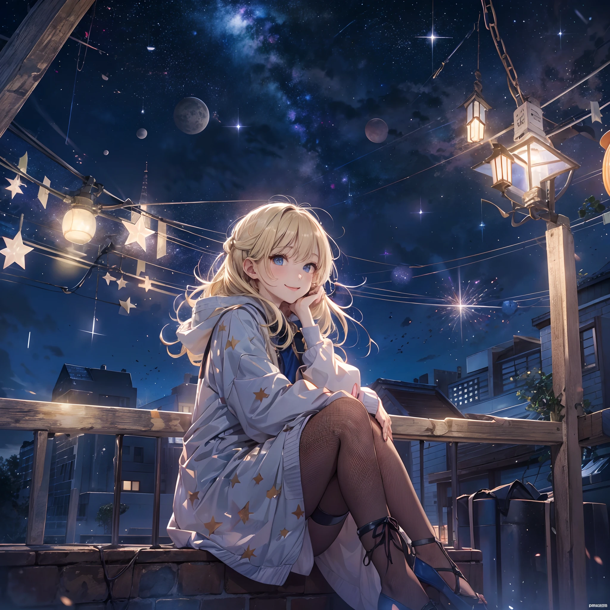 absurderes, ultra-detailliert,bright colour,(in 8K:1.3),masuter piece,extremely beautiful detailed face and eyes, 25 years old, Aurora、city light、constellation、Crescent,intergalactic,lamp post, Particles of light, long-sleeve, milkyway, natta, nigh sky, outside of house, planetes, Power lines, shooting stars, sitting on, Skysky, Skyscraper, 独奏、crouching down、Star_\(skyporn\)、starrysky、Starry Sky Print、telescopes、Winters、(Smooth straight blonde hair:1.3), (Shiny hair:1.2), Delicate beautiful face, red blush、Deep Blue Eyes, Happy smiling face,Small necklace,