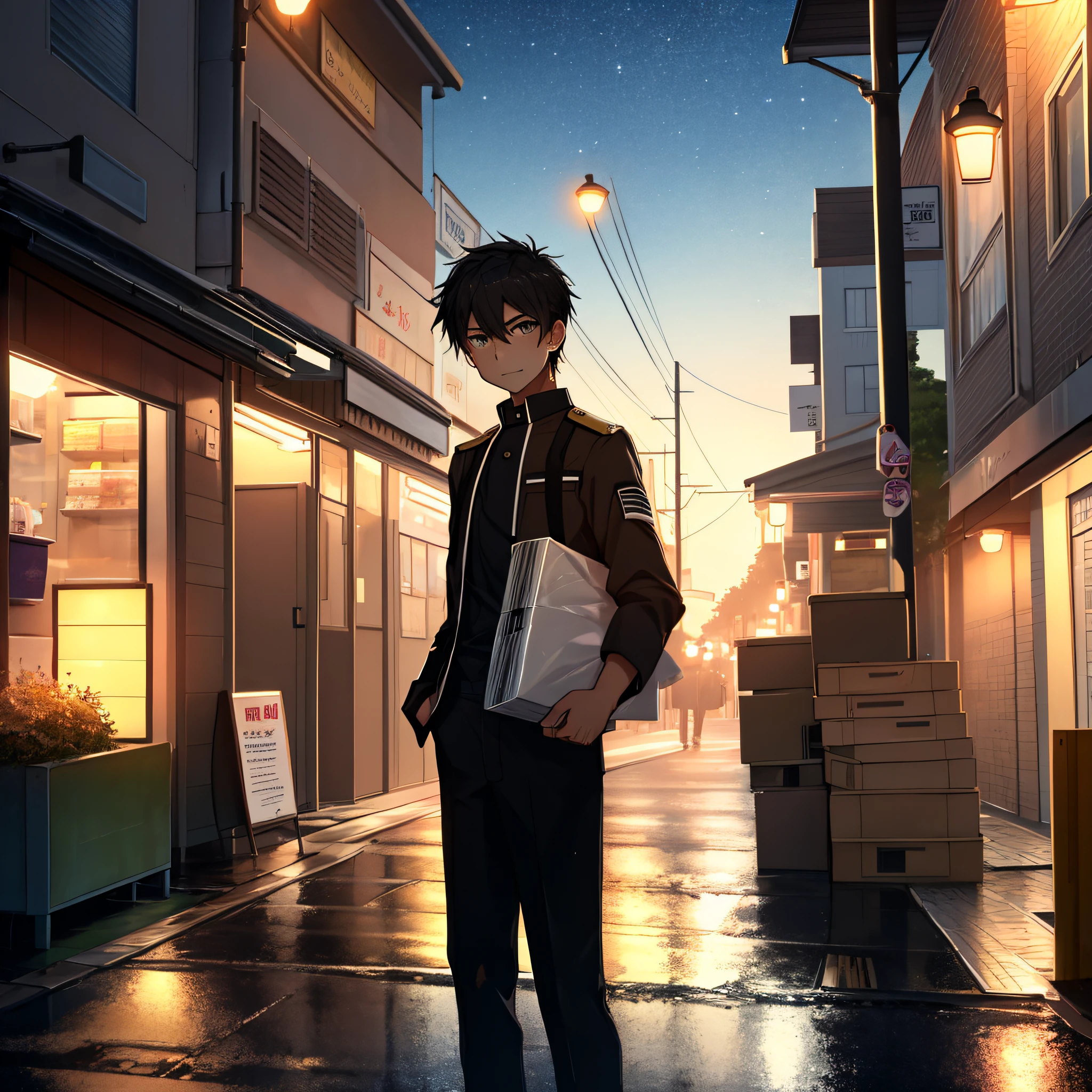 Male youth，Wear a takeaway uniform，Helpless expression，Handheld takeaway box，Standing in front the door，The sky clears，Starlight，The bright light of street lamps and illuminated signs，Wet pavement