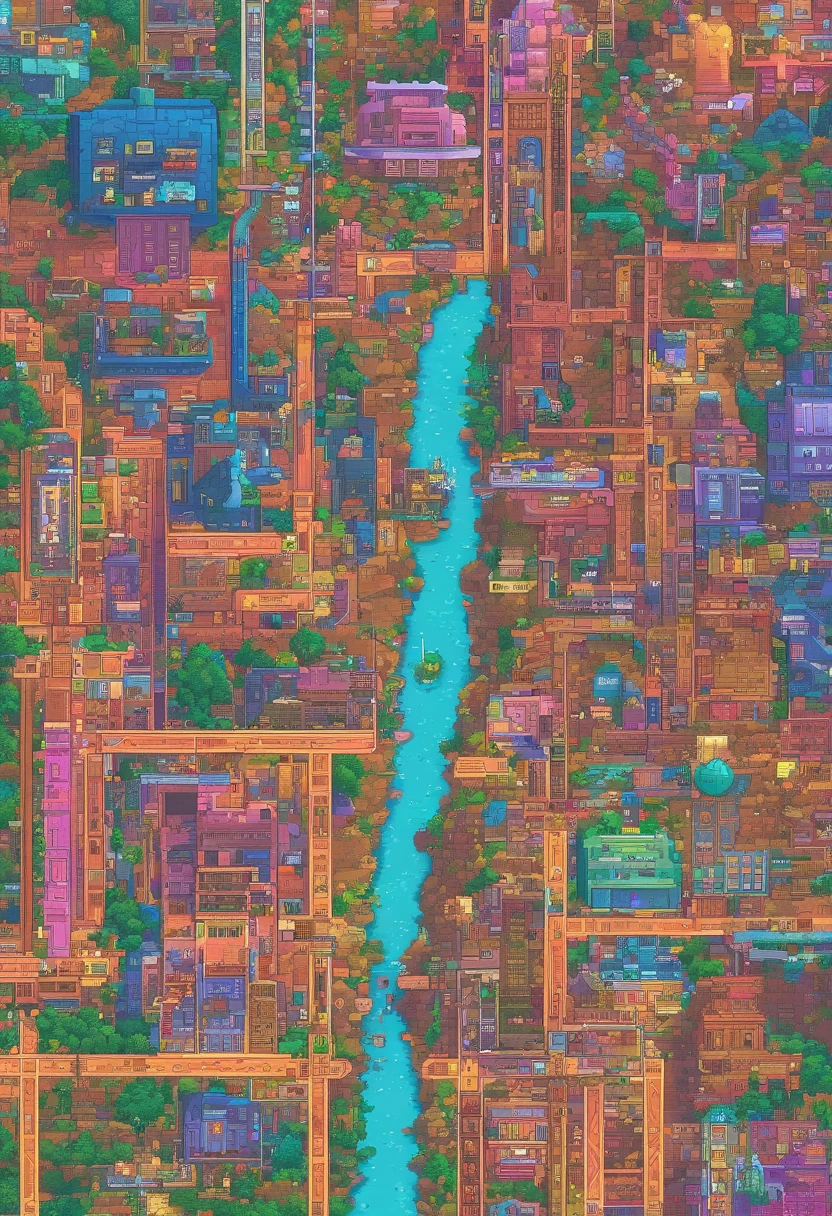 Fictional world, map, cyberpunked, City of neon colors, ((Hi-Res)), ((masuter piece)), ((Best Quality)), (Very detailed)), Large file size, fulcolor