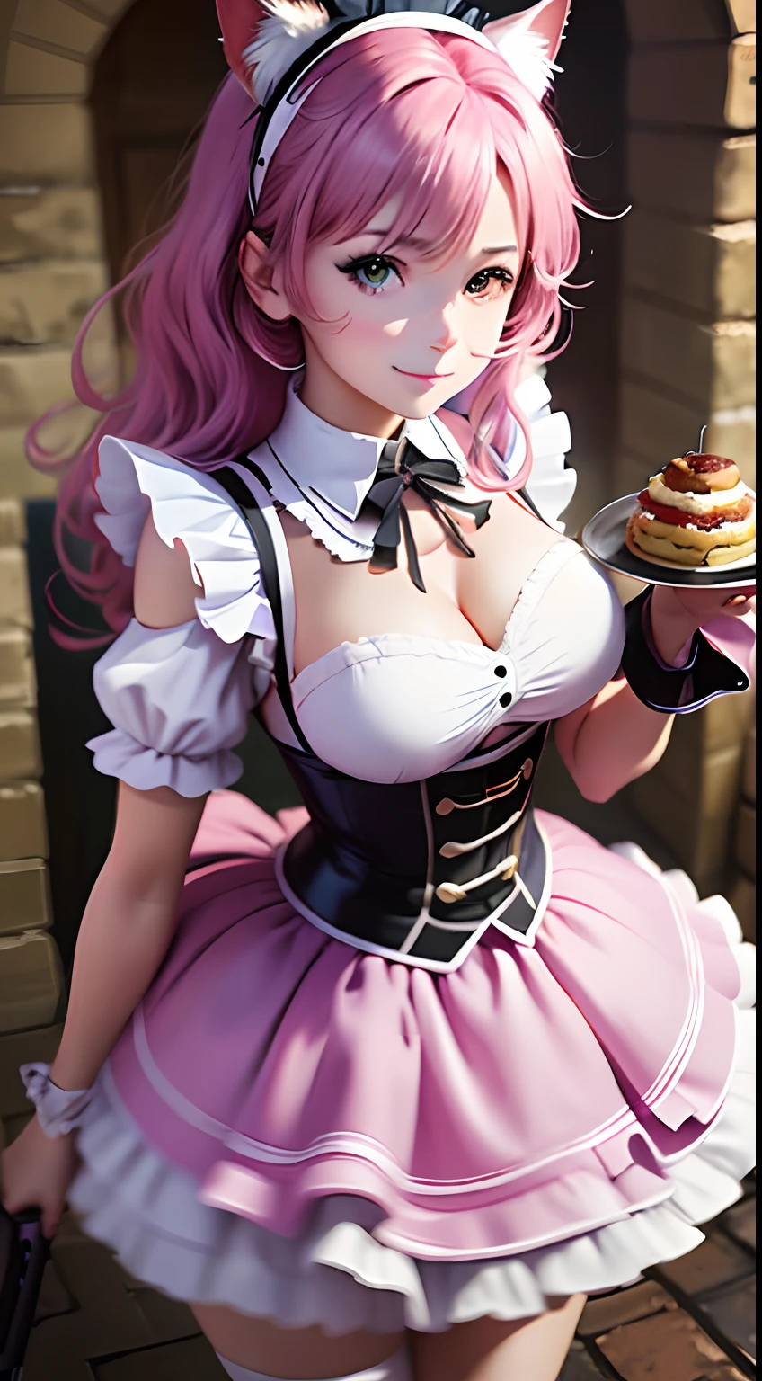 (a closeup of an anime character holding a tray of food), (anime cat girl with pink cat ears and wavy and loose pink hair, in a maid costume), full body commission, commission for high resolution, (maid outfit), (anime girl in a maid costume, cosplay of a cat) (short dress), , oc commission, in pixiv, cute anime cat, (waitress) girl, catgirl anime, beautiful maid, full body commission for anime, hyper realistic texture, realistic photo, ultra detailed, no drawing edges, Smiling! , photorealistic, dark scenery, fighting using sword and pistol, Fighting in battle in a dark place, texture of ultra realistic clothes, Natural lighting, realistic lighting, no dark edges, detailed shadows, ultra realistic photo, absurd realistic, realism, no drawing edges, ultra absurd photorealistic, mega realistic hair, mega realistic clothes, absurdly realistic details, no deformities, no drawing edges, no drawing lines, 8K, 4K, narrow waist