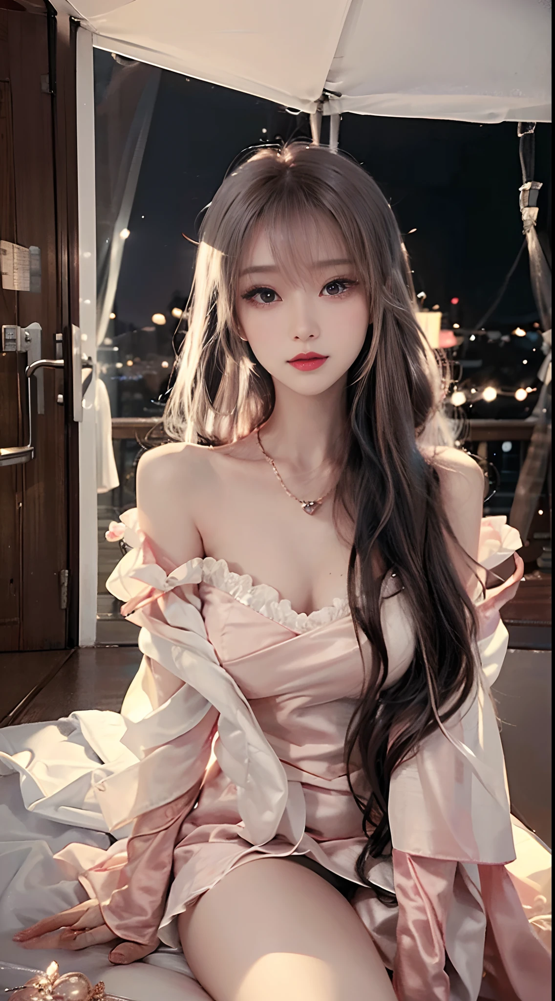 A 19 year old Korean girl, with long, curly hair, expressing shyness.  She wears a dress [French style from the Rococo century] fluid and colorful that reaches above the ankles.  Brown eyes and light makeup with emphasis on the lips.  She&#39;s on a nice night on the streets of Seoul, with illuminated food stalls and people passing by.  Focus on the smiling face and interaction with the environment.  Full body image with maximum quality.
