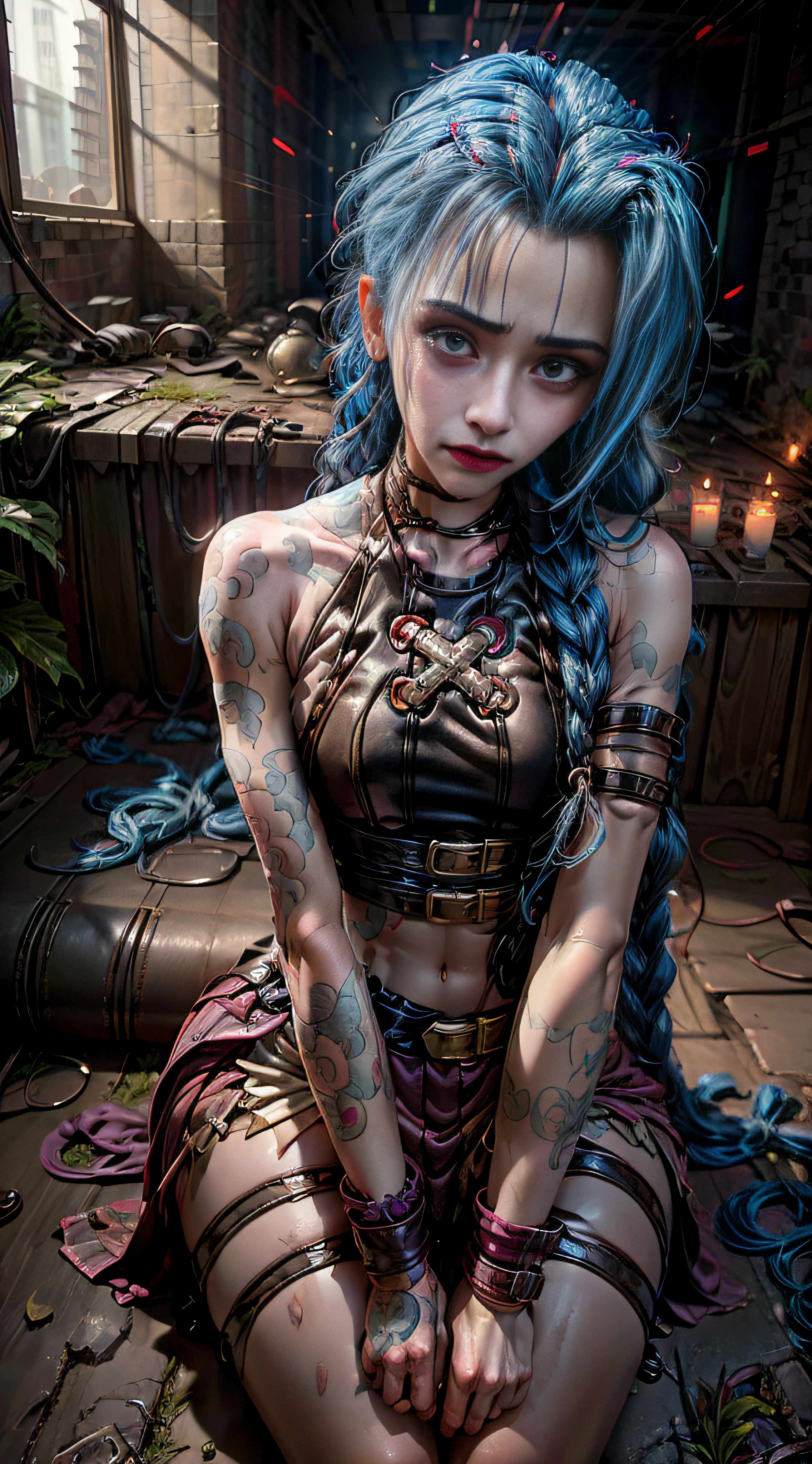 Jinx Storm，Jinx，Ruined battlefield，Jinx sits alone on the ruins，holding her knees with both hands，low head，Frustrated，streaming tears，weeping，agony，unhelpless，irate，Hold back tears