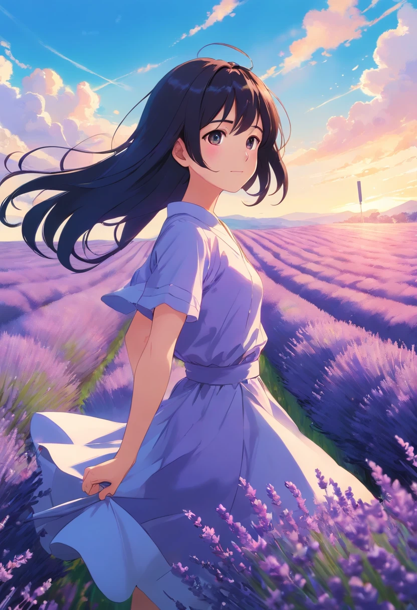 A girl, In a lavender field, Long black hair flying, blue-sky, k hd.