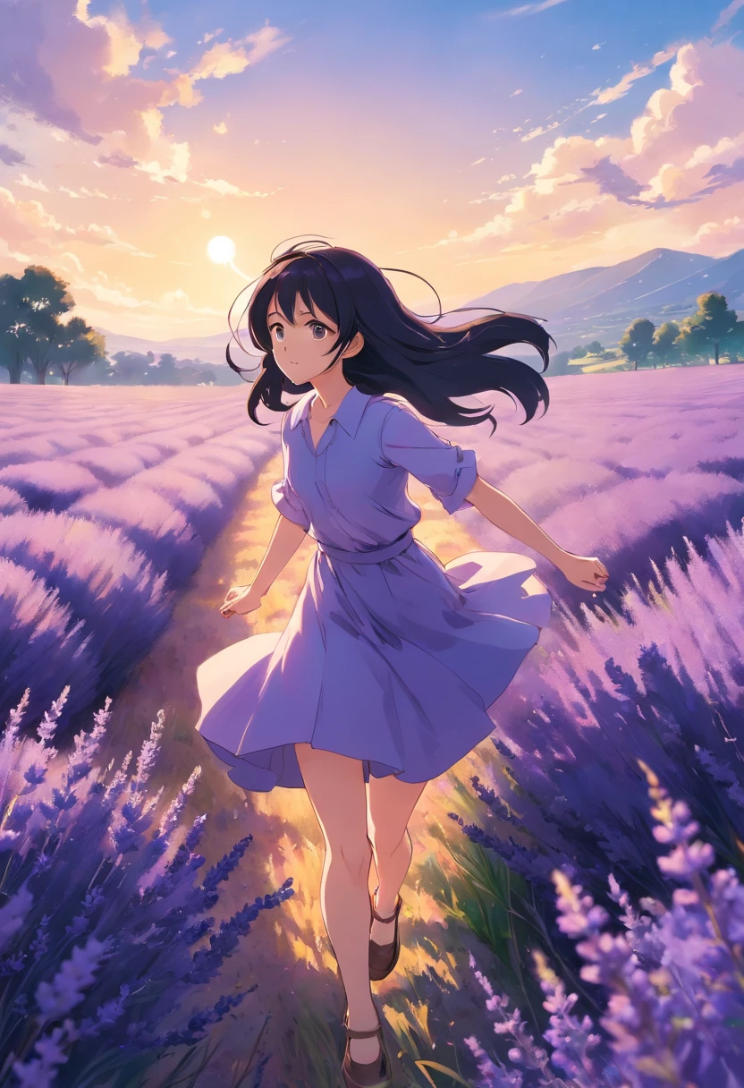 A girl, In a lavender field, Long black hair flying, blue-sky, k hd.