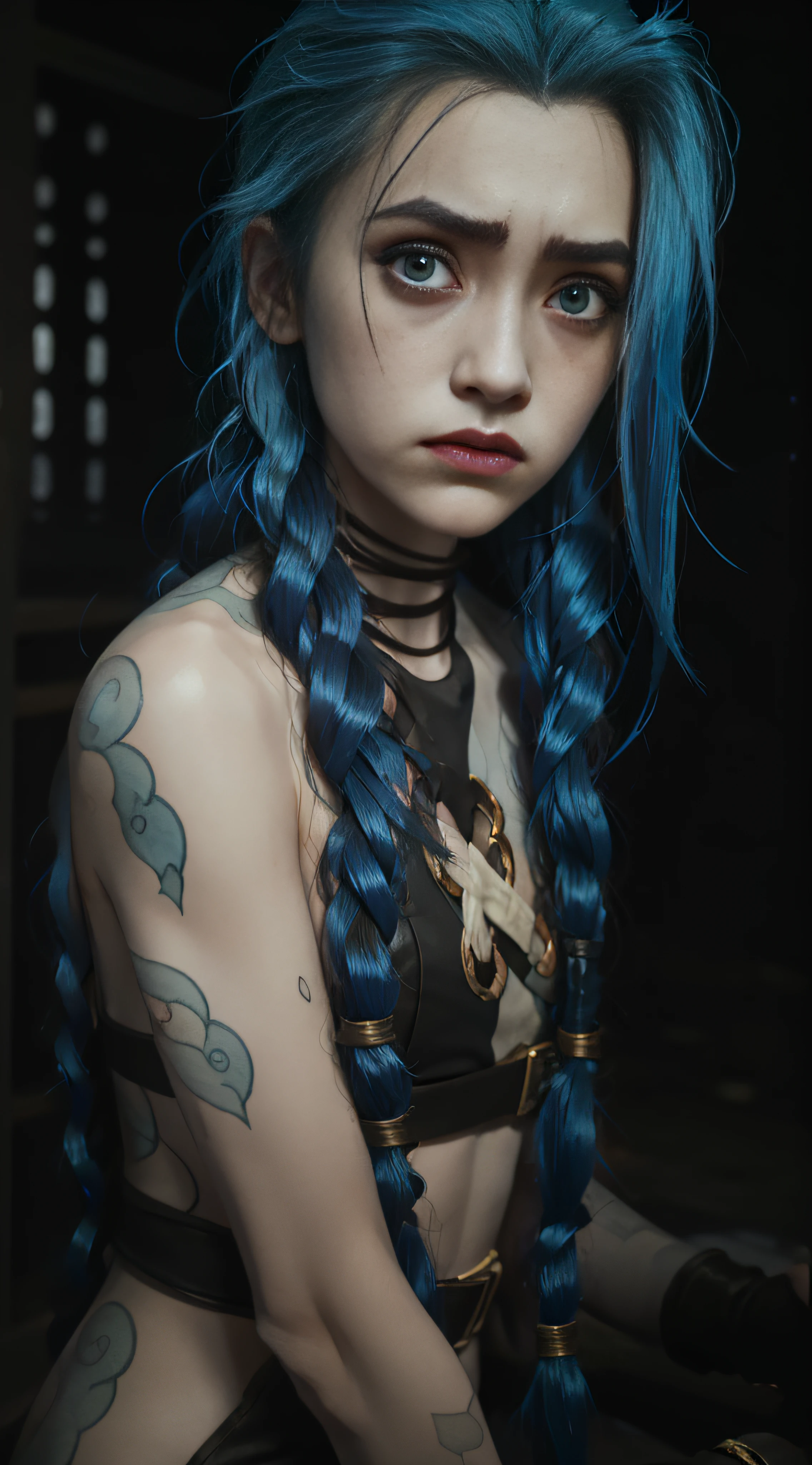 Jinx,Jinx blue hair,(Cinematic tones)(The film uses cool colors of blue and gray)(Wet clothes:1.9),(Get wet all over your body:1.9),Top image quality, tmasterpiece, 超高分辨率, (Fidelity:1.4), stunningly beautiful woman, (Deeply condolences), , dim murky lights, shadowy, Desperate, Pity, Pathetic, Cinematic, Tears, tear drop, , Real rain, wetting hair,. Surprising crying, Clear white skin, There are scratches everywhere, Dirty face, White skin, Smooth skin, Surprisingly realistic pictures, 8K high quality medium dark illumination, High detail, Detail Eye, Detal Face,
