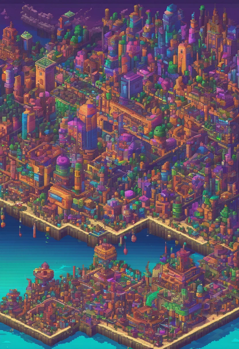 Fictional world, map, cyberpunked, City of neon colors, ((Hi-Res)), ((masuter piece)), ((Best Quality)), (Very detailed)), Large file size, fulcolor