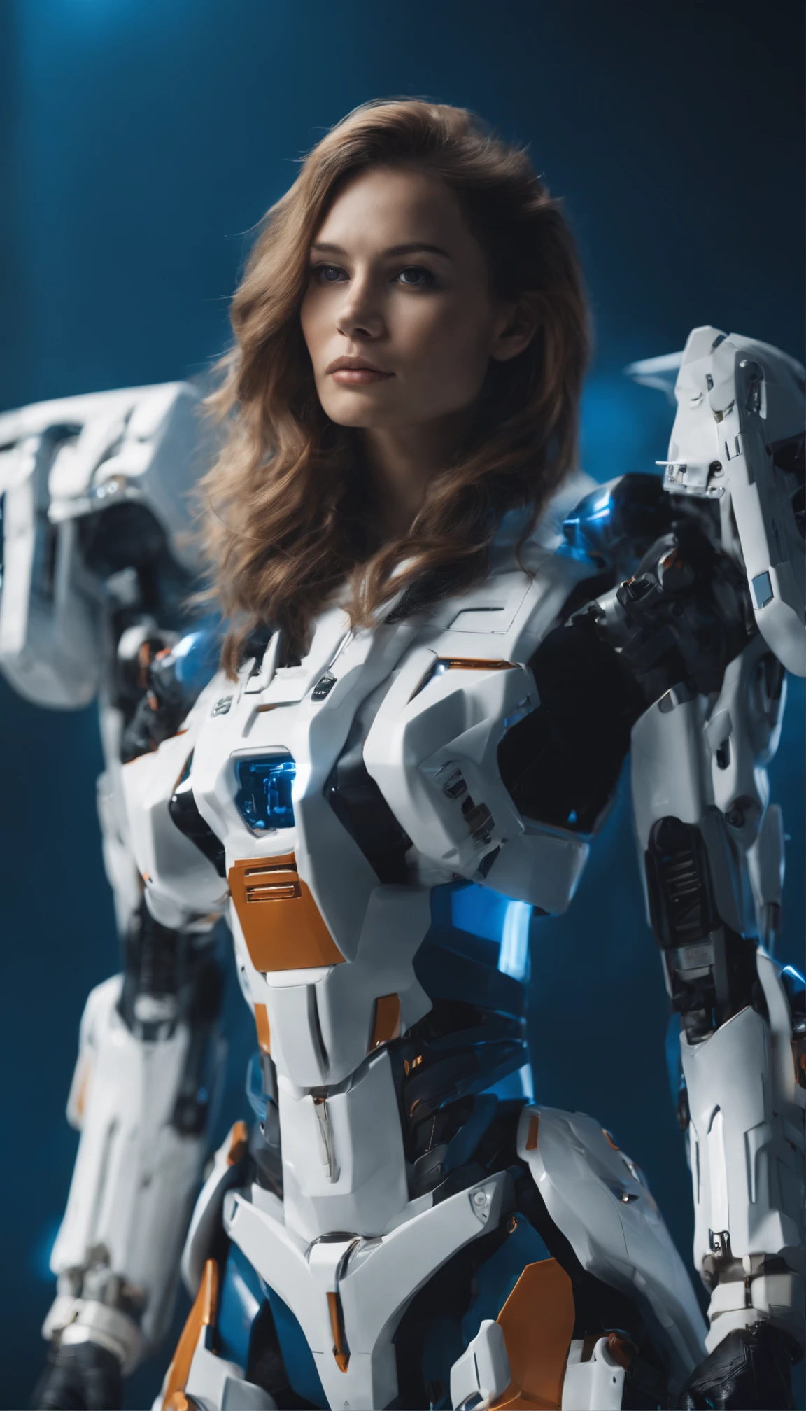 simplebackground，Ultra foto realsisim，Hiperdetalle，Machine Girl，Gundam-inspired mechanical body,hexoesqueleto, Mechanical joints, colores de armadura azul y blanco intensos ,sci-fy，cuerpo completo como，VFX surrealista altamente detallado，mancha，Vista lejana，Super-fino，Ultra - detallado，Alta calidad，8k ，OC renderizado，Dynamic viewing angle