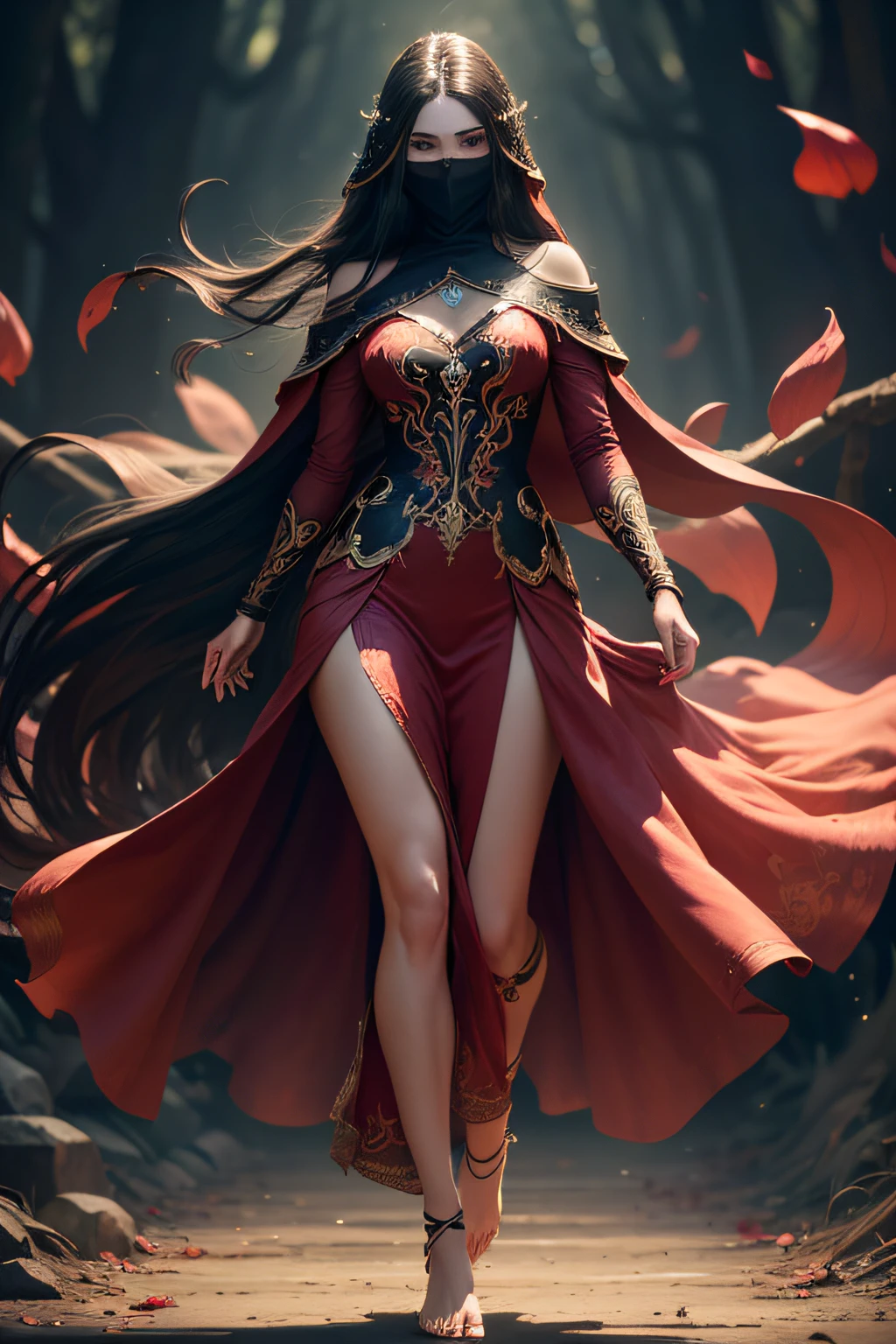 A beautiful girl in her twenties, wearing a long red dress with enchanting embroidered flowers on the hem, emitting a sense of mystery, barefoot, revealing her ankles, strolling in the air, wearing a black veil to cover her face, only revealing a pair of deep, star-like eyes, willow-like eyebrows, and long hair flowing like a waterfall. The background is an immortal realm with superpowers, with cold light, high contrast, and close-up shots, inspired by the 3D style of League of Legends.
(best quality, 4k, 8k, highres, masterpiece:1.2), ultra-detailed, (realistic, photorealistic, photo-realistic:1.37), HDR, UHD, studio lighting, ultra-fine painting, sharp focus, physically-based rendering, extreme detail description, professional, vivid colors, bokeh, portraits, fantasy, contrasting colors, enchanted atmosphere, dynamic composition.