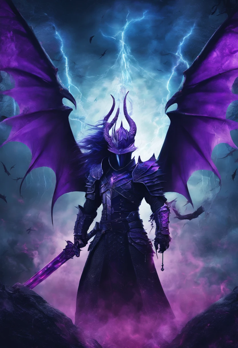 Purple dragon radiating blue energy particles, guy, longsword, black-knight, bloody, war, battlefield, smoking-background, rain, cloudly, storm, horror