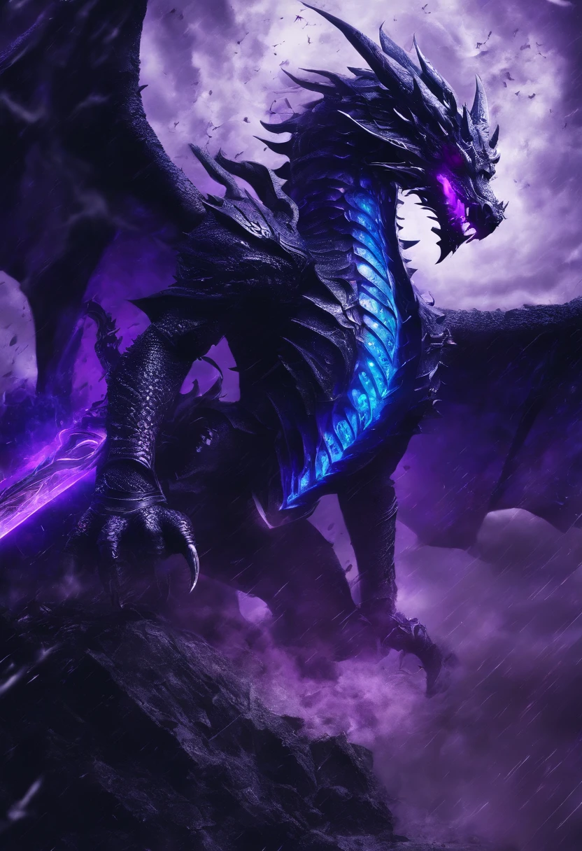 Purple dragon radiating blue energy particles, guy, longsword, black-knight, bloody, war, battlefield, smoking-background, rain, cloudly, storm, horror