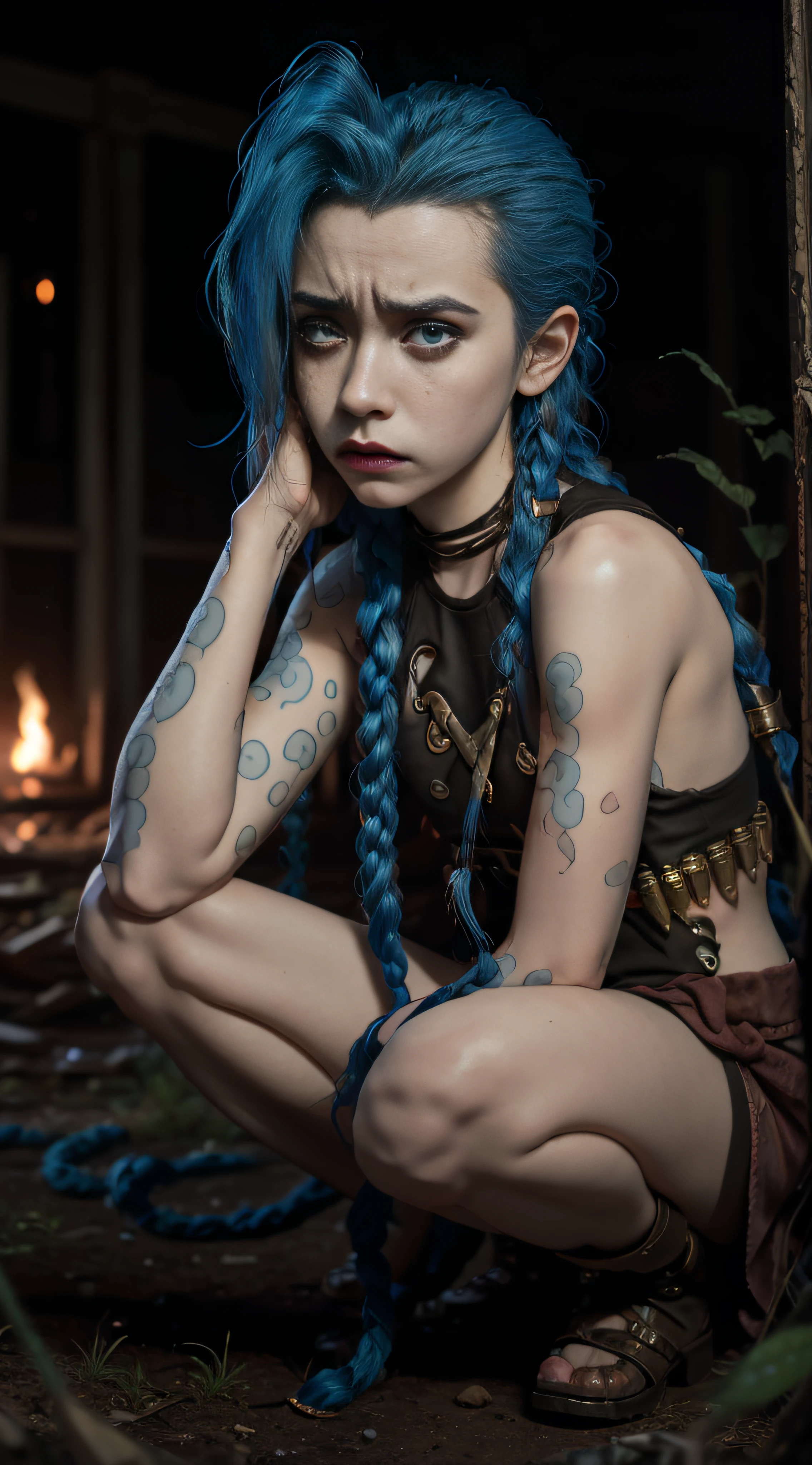 Jinx,Ruined battlefield,Jinx sits alone on the ruins,holding her knees with both hands,low head,Frustrated,streaming tears,weeping,agony,unhelpless,irate,Hold back tears