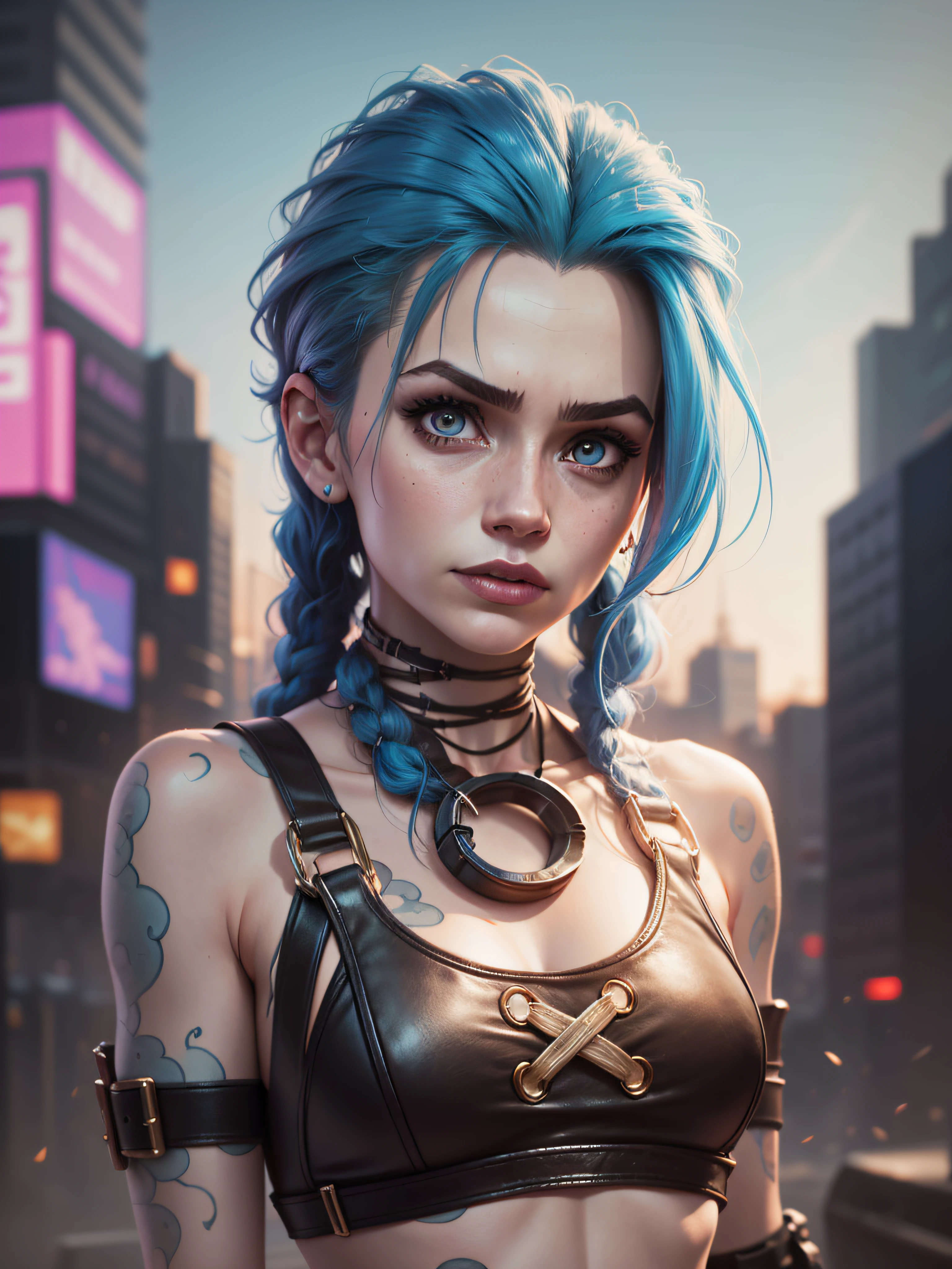 Jinx League of legends, close-up portrait, girl with blue hair and tattoos, intense expression, colorful cyberpunk background, neon lights, dramatic lighting, hyper-detailed, 8k, photorealistic, cinematic, concept art style