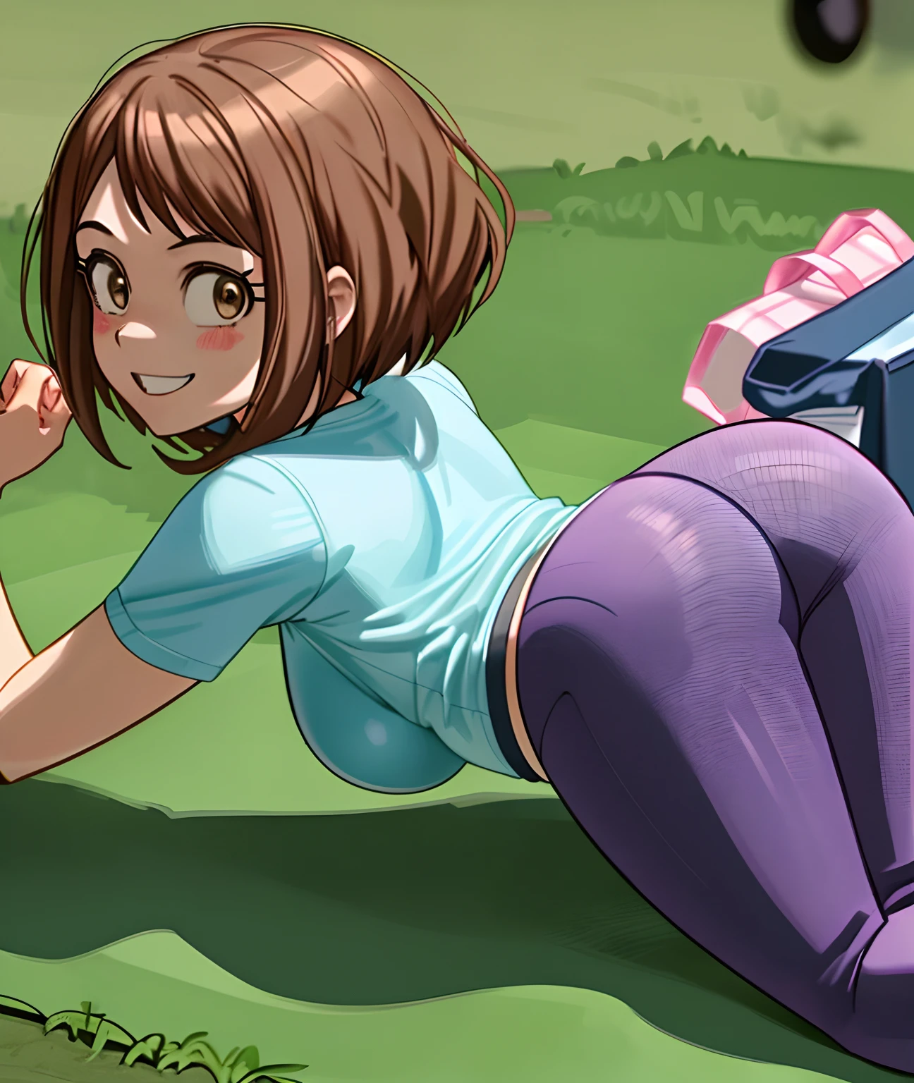 [ochako uraraka], [Boku no hero academia], ((masterpiece)), ((HD)), ((high quality)), ((solo portrait)), ((back view)), ((full body)), ((anime)), ((Kohei Horikoshi)), ((detailed shading)), ((cel shading)), ((intricate details)), ((cinematic lighting)), {ochako, (rosy cheeks), (cute round brown eyes), short brown hair, short eyelashes, large boobs, (gorgeous hips), (beautiful legs), (excited smile), white teeth), (detailed socks)}, {(pink tee shirt), (blue spandex yoga pants), (white socks)}, {(on picnic blanket), (all fours), (looking back)}, [Background; (park), (blue sky), (sun rays)]