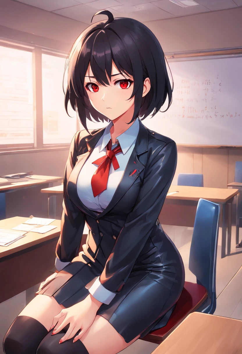 Hentai style, Vampire Teacher, Black leather suit, short skirt, legwear, Waist-length black hair, red-eyes, in class, Holding a letter in one hand, tetas grandes, big ass, NSFW, standingn, serious face, frowning eyebrows, unbuttoned dress shirt