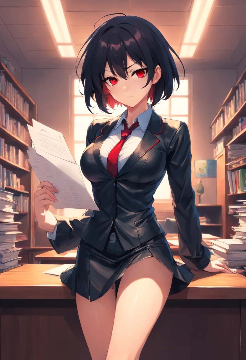 Hentai style, Vampire Teacher, Black leather suit, short skirt, legwear, Waist-length black hair, red-eyes, in class, Holding a letter in one hand, tetas grandes, big ass, NSFW, standingn, serious face, frowning eyebrows, unbuttoned dress shirt