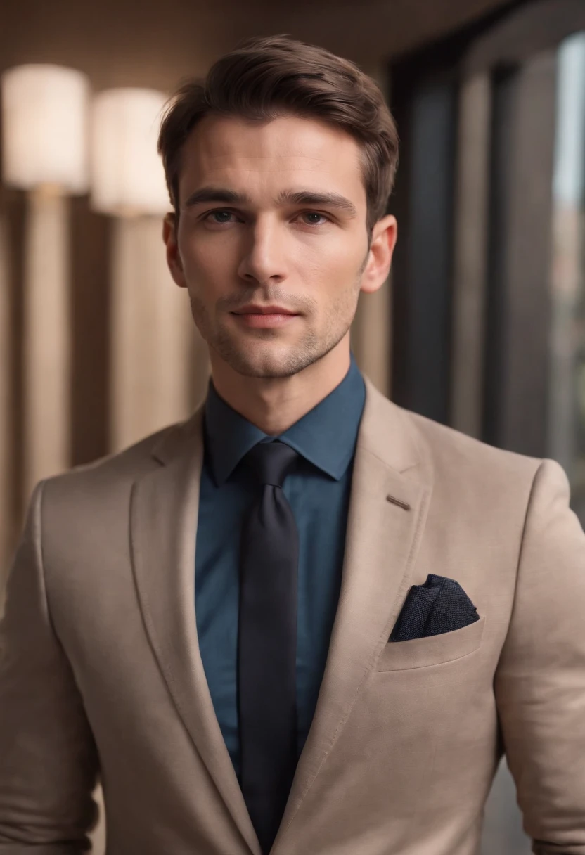attractive 30 year old athletic man with short brown hair in Hugo boss business suit, full body shot