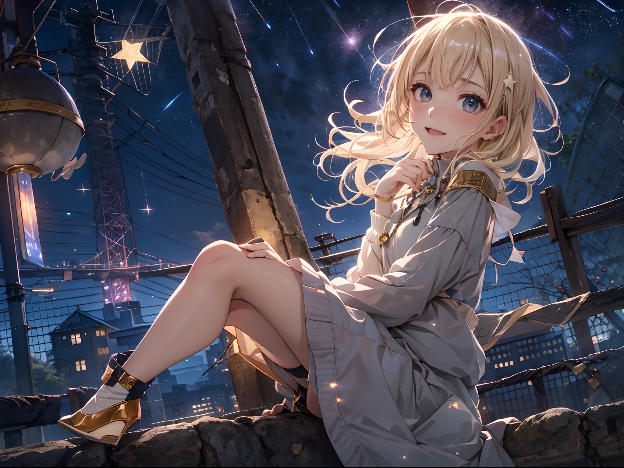 absurderes, ultra-detailliert,bright colour,(in 8K:1.3),masuter piece,extremely beautiful detailed face and eyes, 25 years old, Aurora、city light、constellation、Crescent,intergalactic,lamp post, Particles of light, long-sleeve, milkyway, natta, nigh sky, outside of house, planetes, Power lines, shooting stars, sitting on, Skysky, Skyscraper, 独奏、crouching down、Star_\(skyporn\)、starrysky、Starry Sky Print、telescopes、Winters、(Smooth straight blonde hair:1.3), (Shiny hair:1.2), Delicate beautiful face, red blush、Deep Blue Eyes, Happy smiling face,Small necklace,
