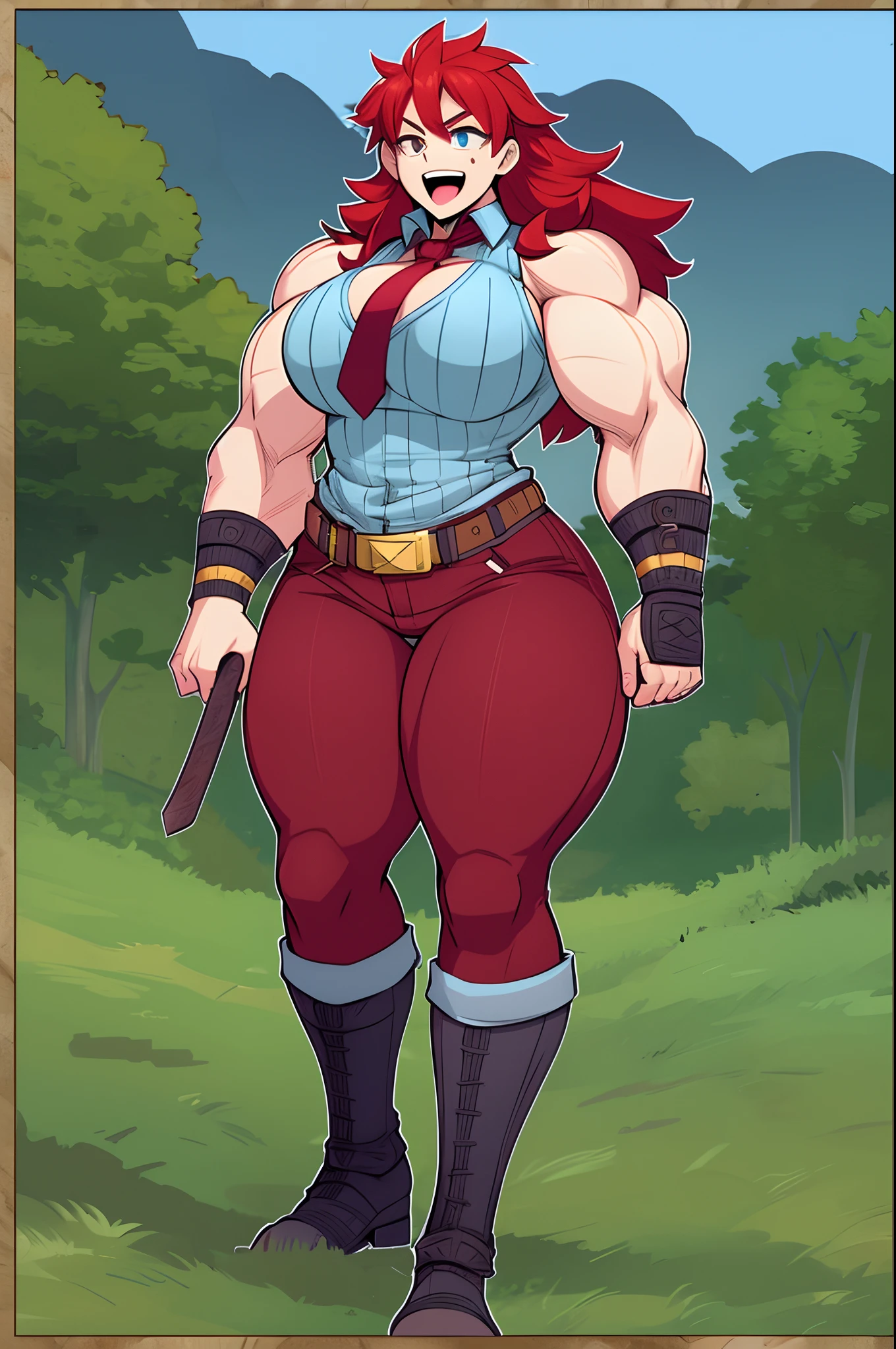 tomboy, warrior, berserker, tall female, muscular female, living hair, sauvage,, medieval clothing, fantasy, fantasy weapon, huge breasts, barbarian pants, , combat boots, armor, red hair, crazy smile, open mouth, biceps, necktie, thick arms,pullover, solo focus, long hair