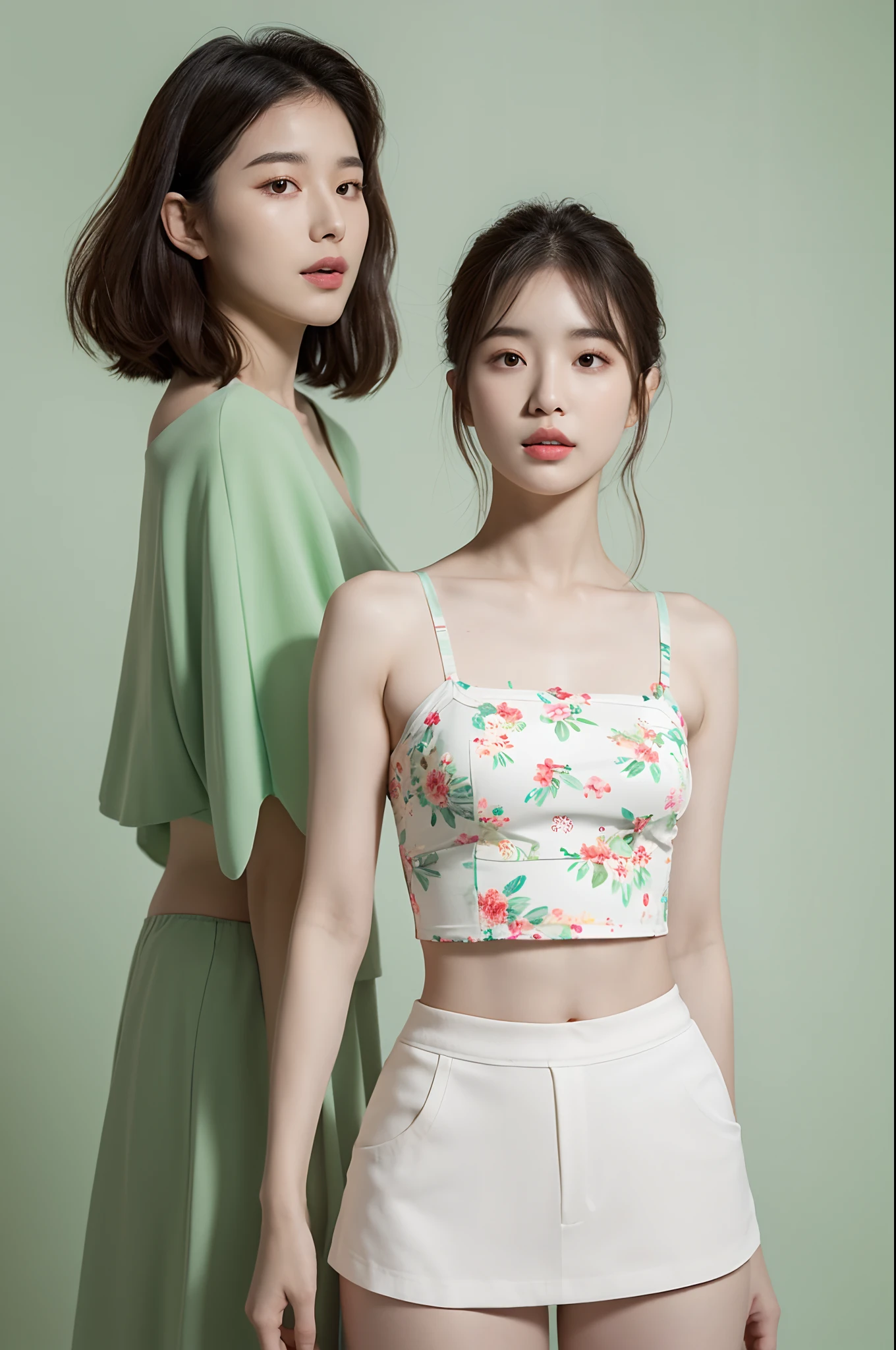 a woman in a floral crop top and mint skirt posing for a picture, croptop, crop top, bralette, wearing white camisole, bae suzy, wearing a camisole, physical : tinyest midriff ever, gorgeous young korean woman, heonhwa choe, cutecore, lulu chen, reluvy5213