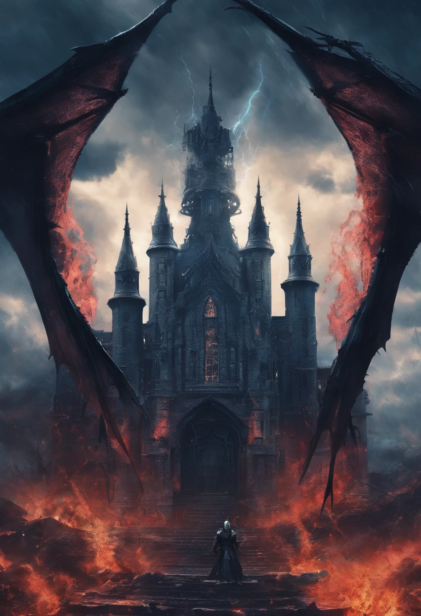 dragonoid radiating blue energy particles, longsword, bloody, war, battlefield, castle background, rain, cloudly, storm, horror