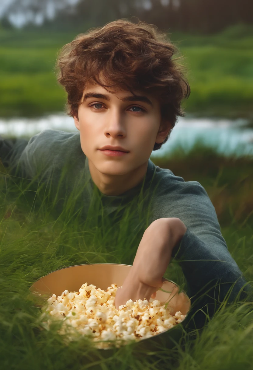 4k realistic, 25 years old, boy, grass, nature, messy hair, short hair in the movies with popcorn
