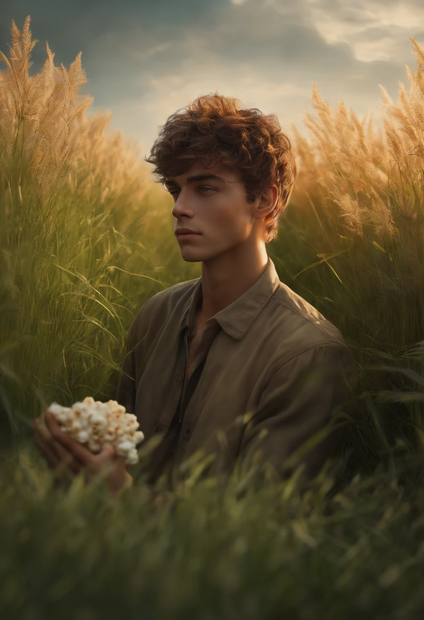 4k realistic, 25 years old, boy, grass, nature, messy hair, short hair in the movies with popcorn