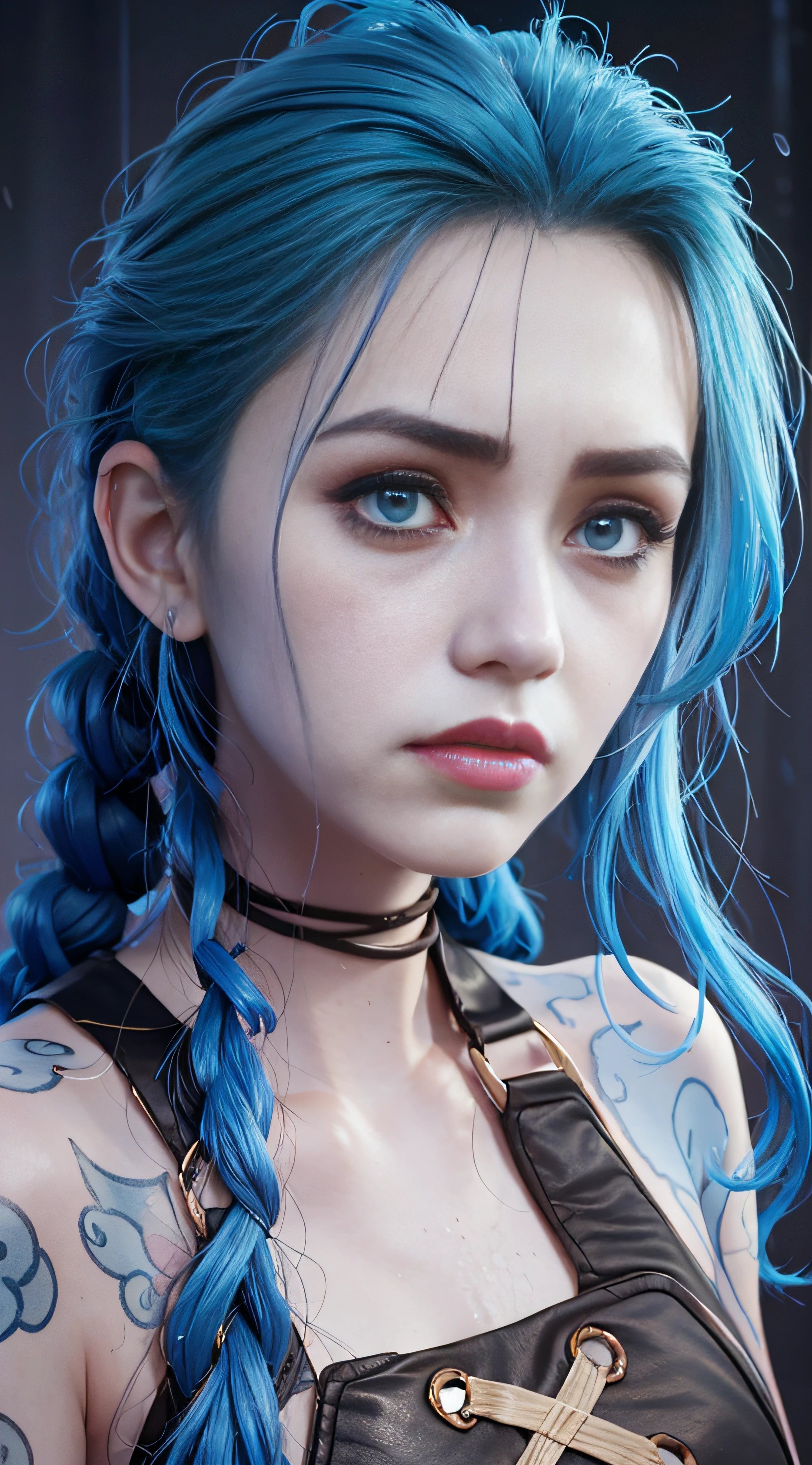 Jinx，Jinx blue hair，（Cinematic tones）（The film uses cool colors of blue and gray）（Wet clothes：1.9）,（Get wet all over your body：1.9）,Top image quality, tmasterpiece, 超高分辨率, （Fidelity：1.4）, stunningly beautiful woman, （Deeply condolences）, , dim murky lights, shadowy, Desperate, Pity, Pathetic, Cinematic, Tears, tear drop, , Real rain, wetting hair,. Surprising crying, Clear white skin,  There are scratches everywhere, Dirty face,  White skin,  Smooth skin, Surprisingly realistic pictures, 8K high quality medium dark illumination, High detail, Detail Eye, Detal Face,