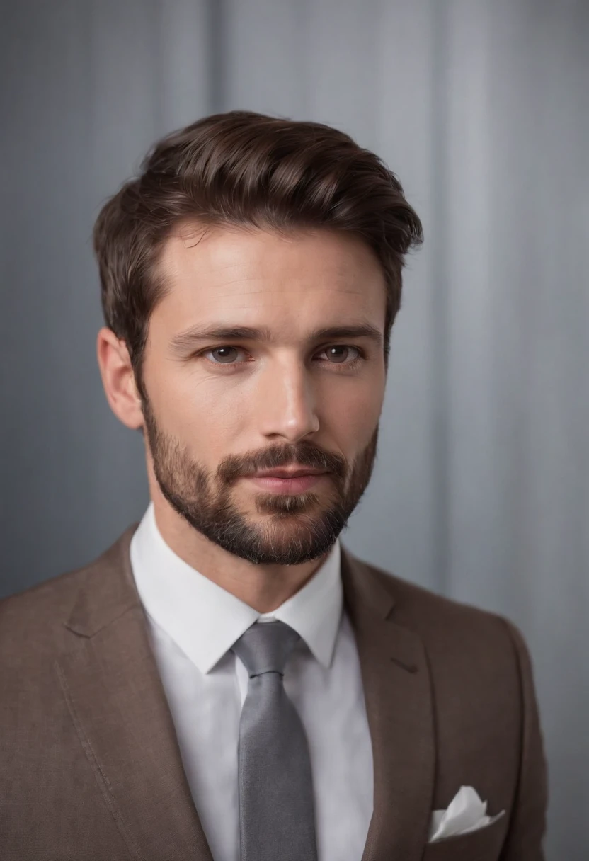 very handsome athletic 35 year old athletic male with with short brown hair and 3 day beard inexpensive business suit