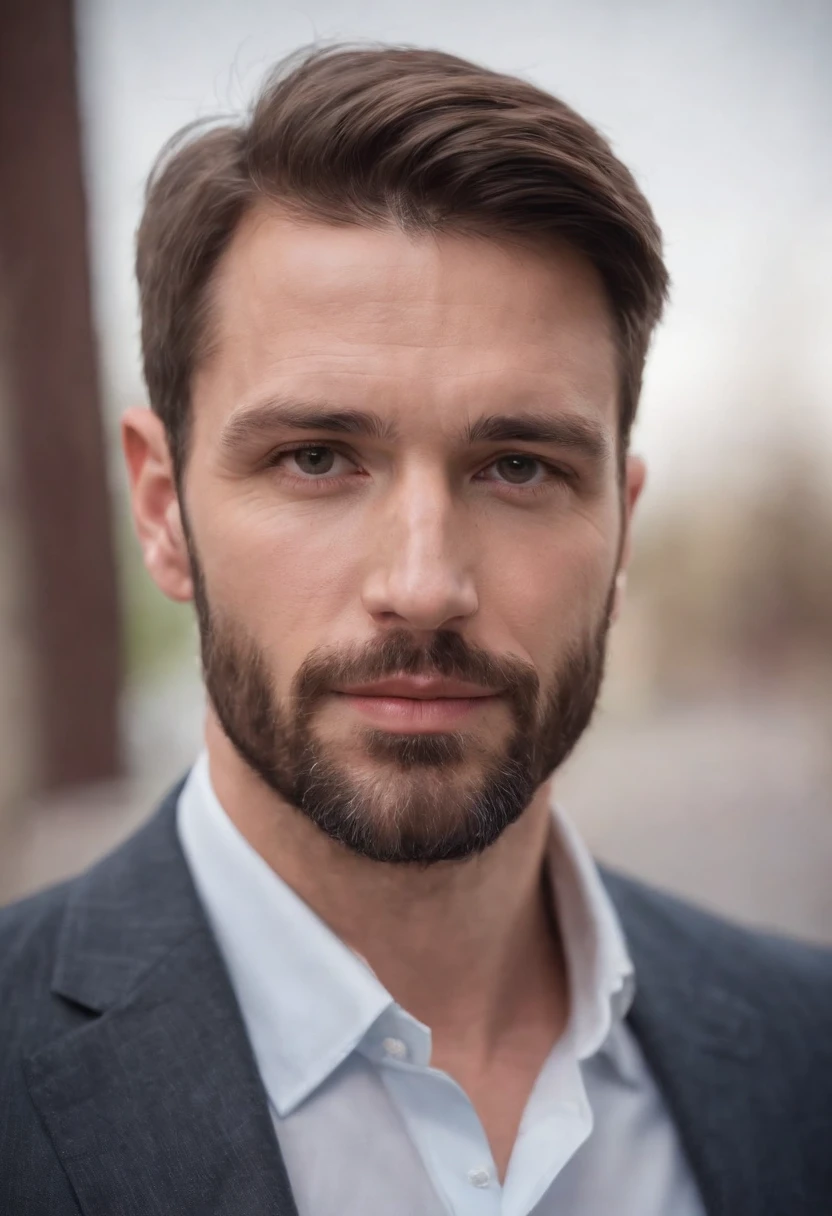 very handsome athletic 35 year old athletic male with with short brown hair and 3 day beard inexpensive business suit