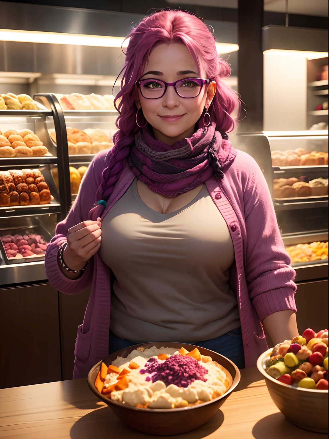 Dramatic lighting, 40 year old woman, smiling, glasses, overweight, magenta braided hair, long rainbow coloured woollen cardigan, keffiyeh, t-shirt, jeans, standing at food servery, holding plate, queue behind,