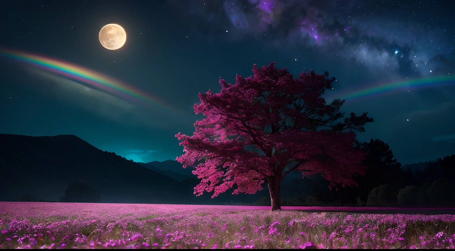 Vast landscape photos、(The sky is up as seen from below、The field is down)、Long black hair girl standing in flower field and looking up、Black clothe、Rear Angle、(fullmoon:1.2)、(meteors:0.9)、(nebulas:1.3)、mountain in the distance々、The tree々 BREAK Craft Art、(Warm light:1.2)、(fireflys:1.2)、A light、Lots of Purples and Oranges、intricate detailes、voluminous lighting、Realism Break(master piece: 1.2), (Top image quality), 4K, The ultra-detailliert, (dynamic compositions: 1.4), ighly detailed, Colorful Detail, (Rainbow Color: 1.2), (Glow lighting, Atmosphere Lighting), dream-like, Magical, (独奏: 1.2)